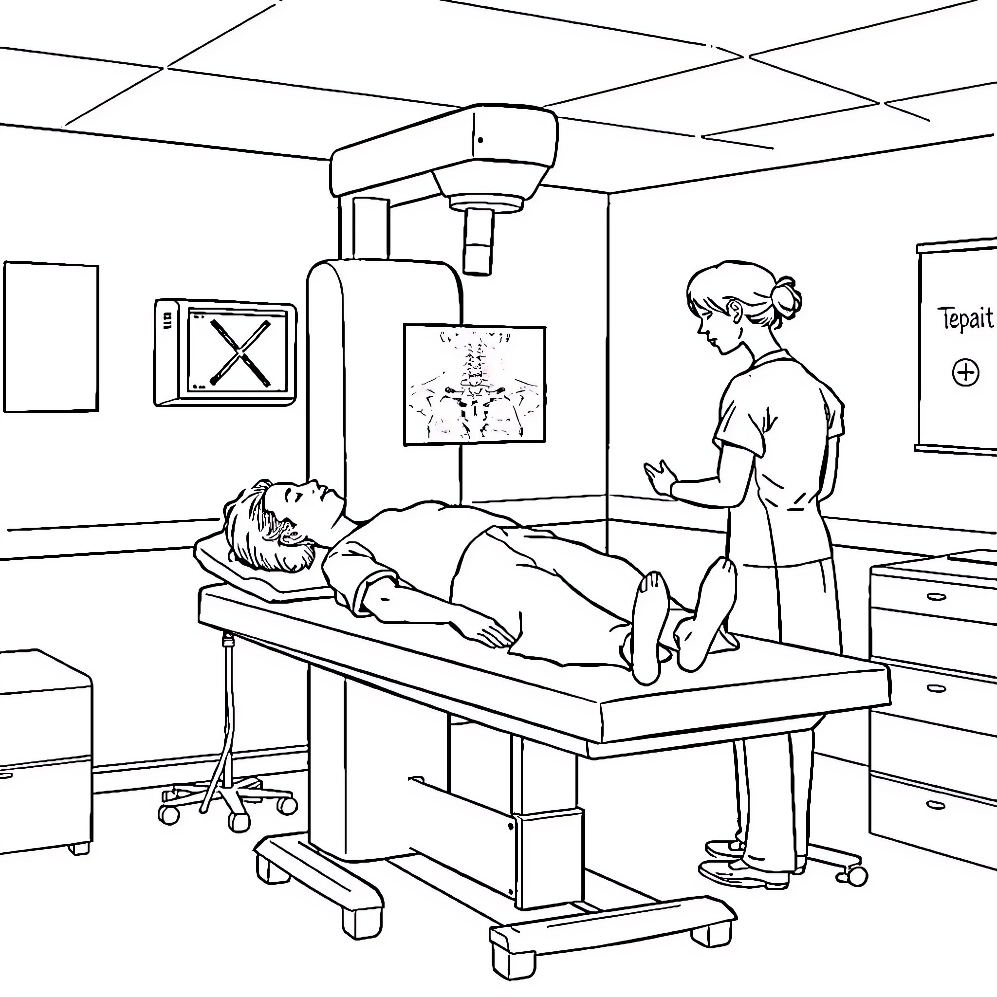 Person undergoing medical examination in hospital room Coloring Page (free black-and-white line drawing printable PDF for all, from beginners to advanced learners, including children, teens, adults, and seniors)
