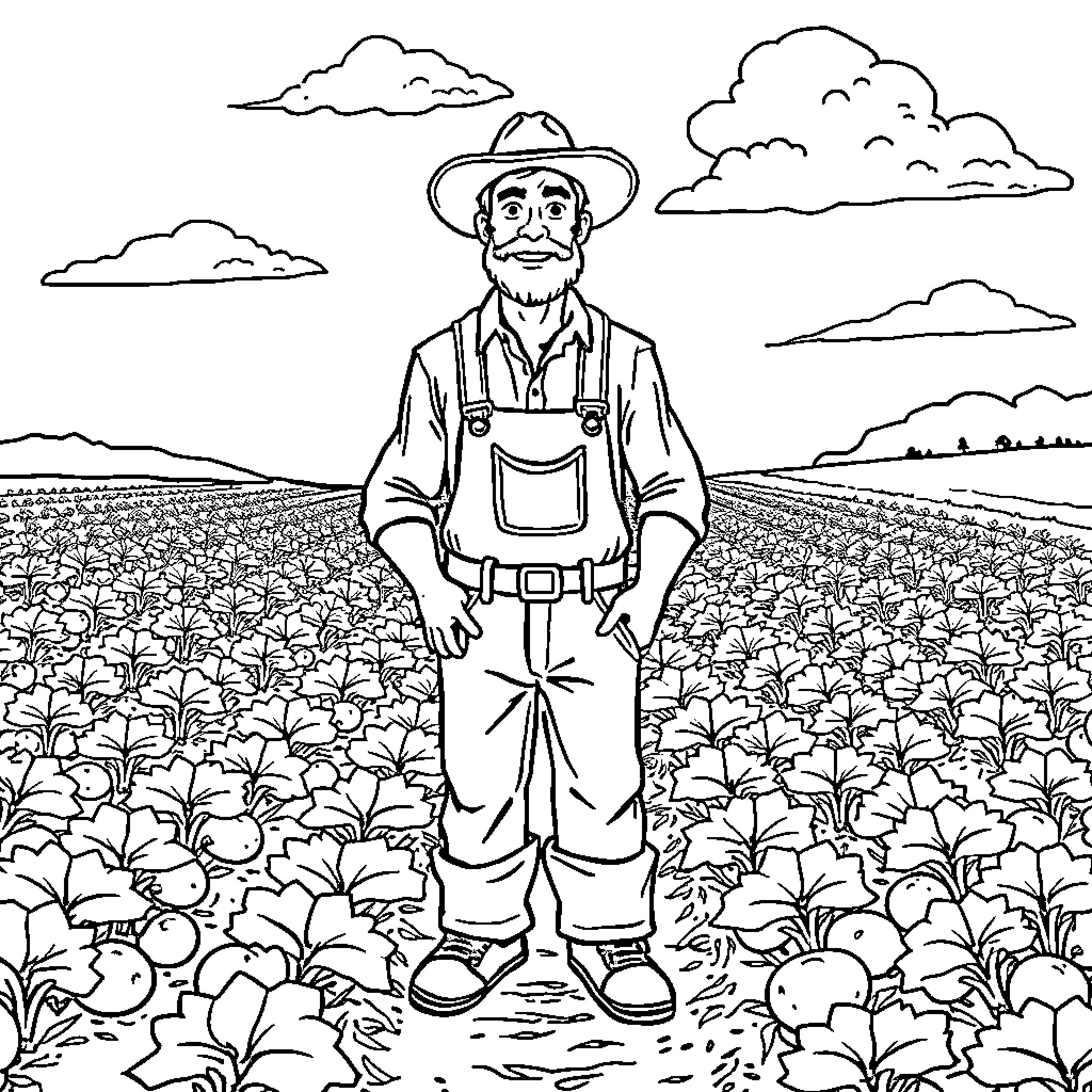Potato Farmer Standing Amidst Crop in Countryside Coloring Page (free black-and-white line drawing printable PDF for all, from beginners to advanced learners, including children, teens, adults, and seniors)