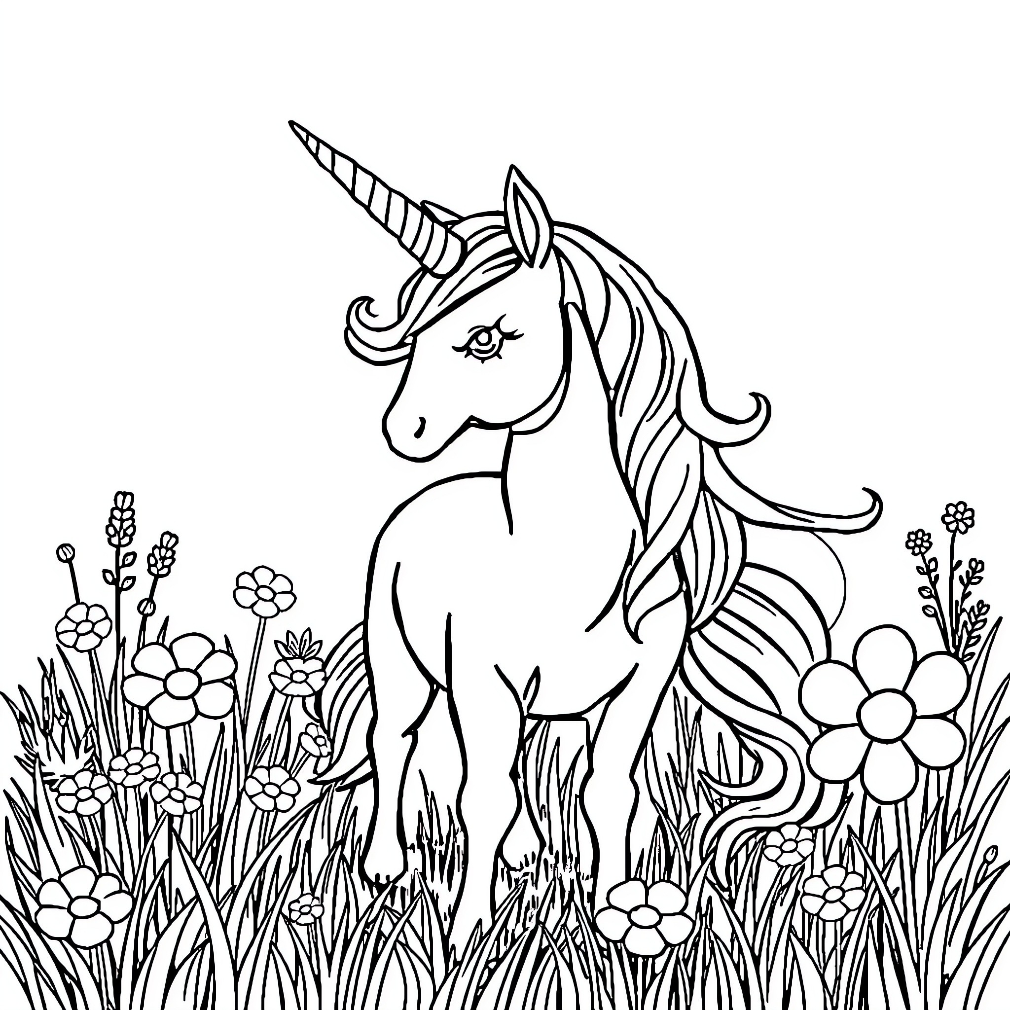 Unicorn standing amidst a floral meadow Coloring Page (free black-and-white line drawing printable PDF for all, from beginners to advanced learners, including children, teens, adults, and seniors)