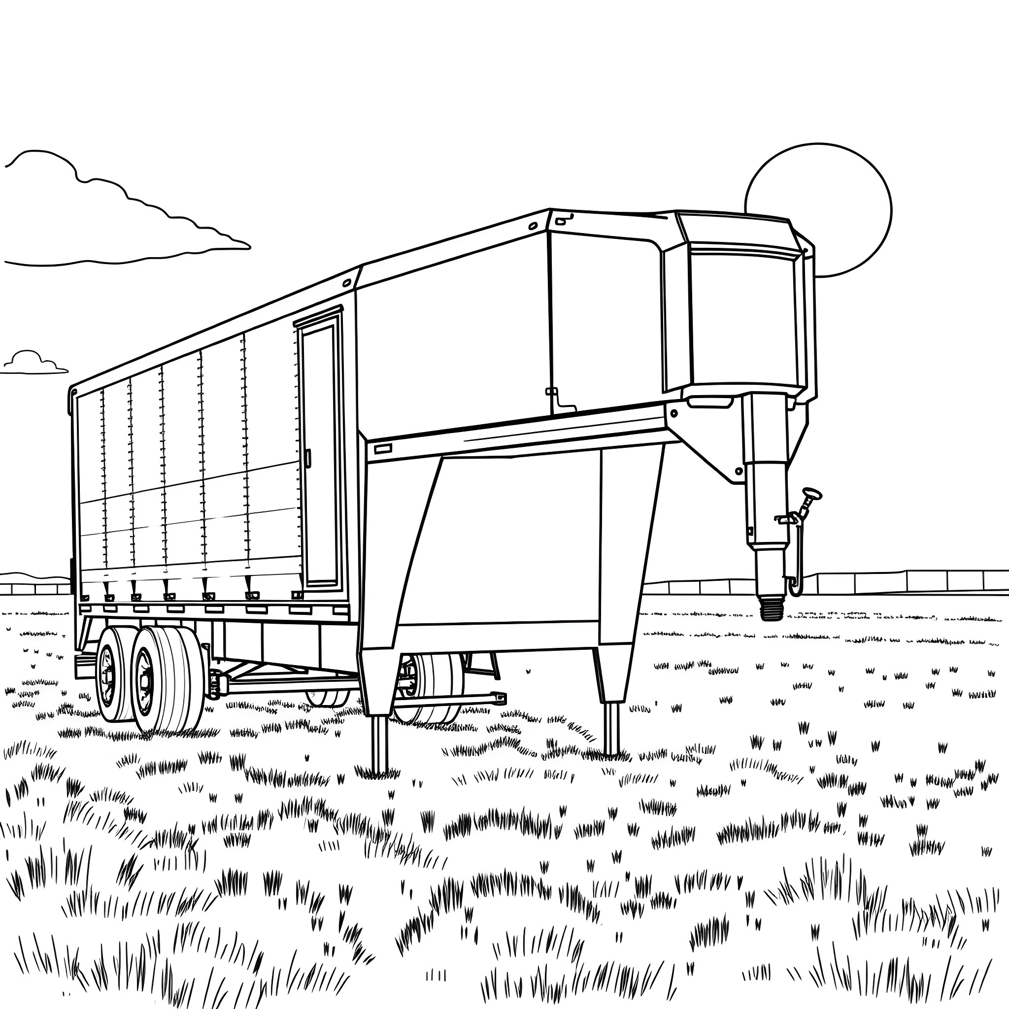 Gooseneck Trailer in Countryside Landscape Coloring Page (free black-and-white line drawing printable PDF for all, from beginners to advanced learners, including children, teens, adults, and seniors)