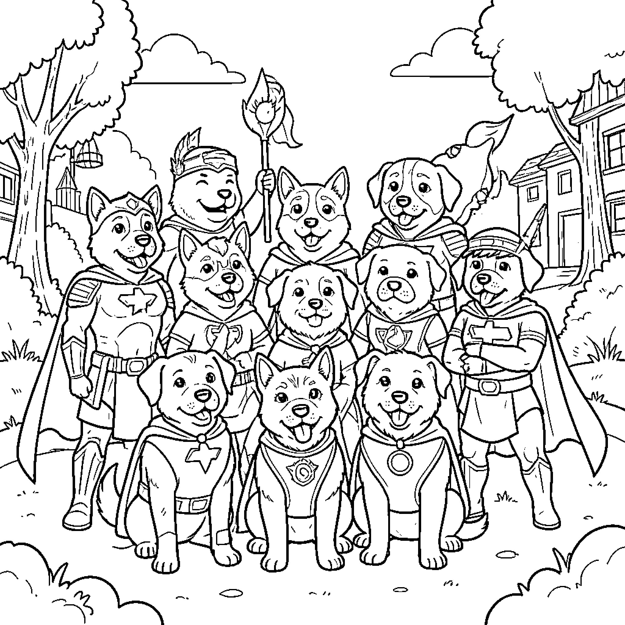 Paw Patrol pups dressed as superheroes posing together Coloring Page (free black-and-white line drawing printable PDF for all, from beginners to advanced learners, including children, teens, adults, and seniors)
