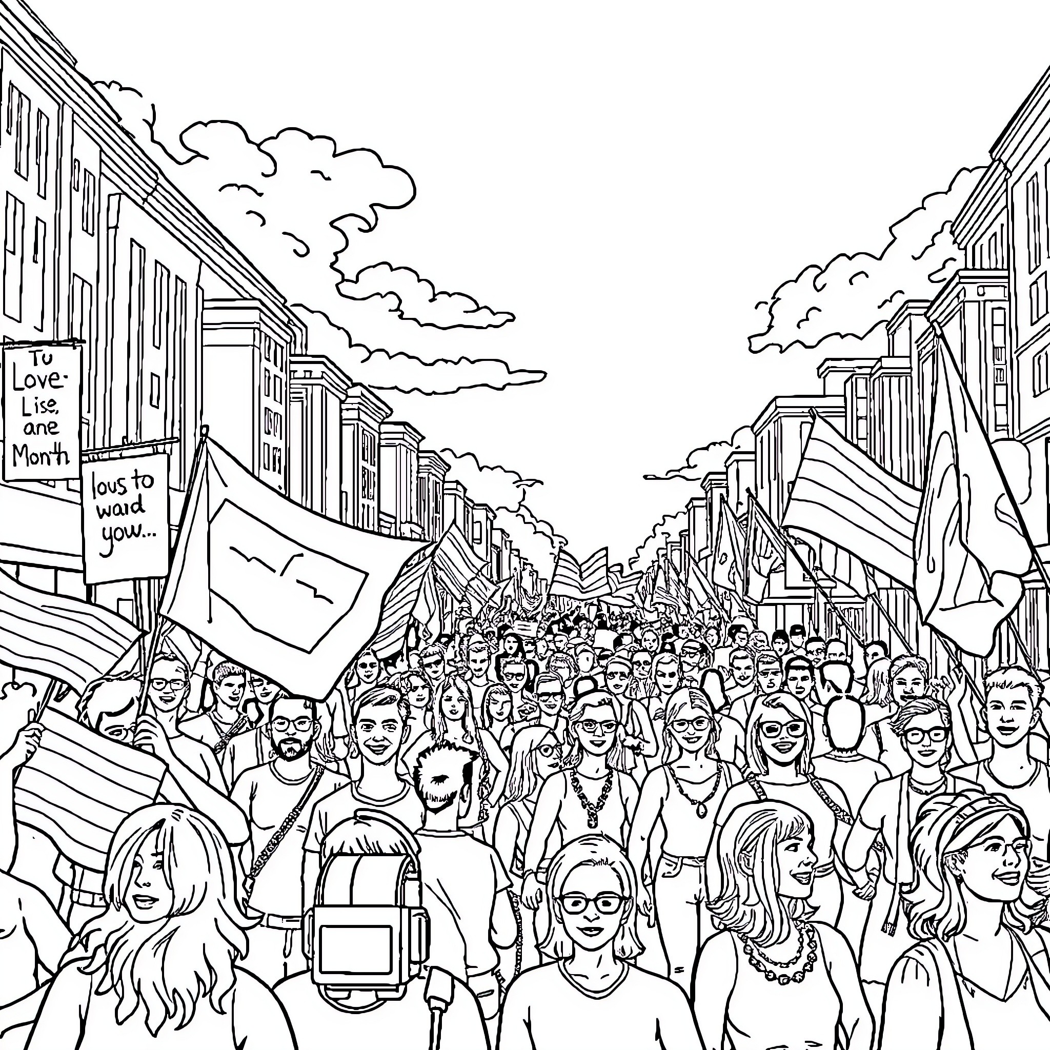 Pride in the Crowd: Expressions, Outfits, and Solidarity Coloring Page (free black-and-white line drawing printable PDF for all, from beginners to advanced learners, including children, teens, adults, and seniors)