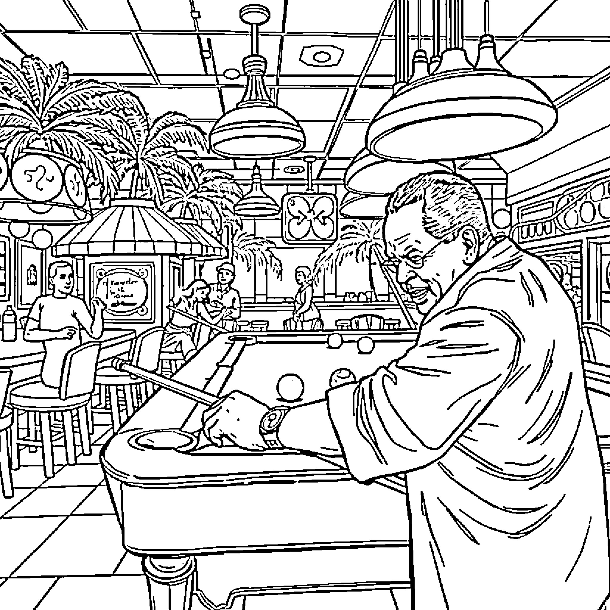 Museveni enjoying a relaxing evening at a local bar Coloring Page (free black-and-white line drawing printable PDF for all, from beginners to advanced learners, including children, teens, adults, and seniors)
