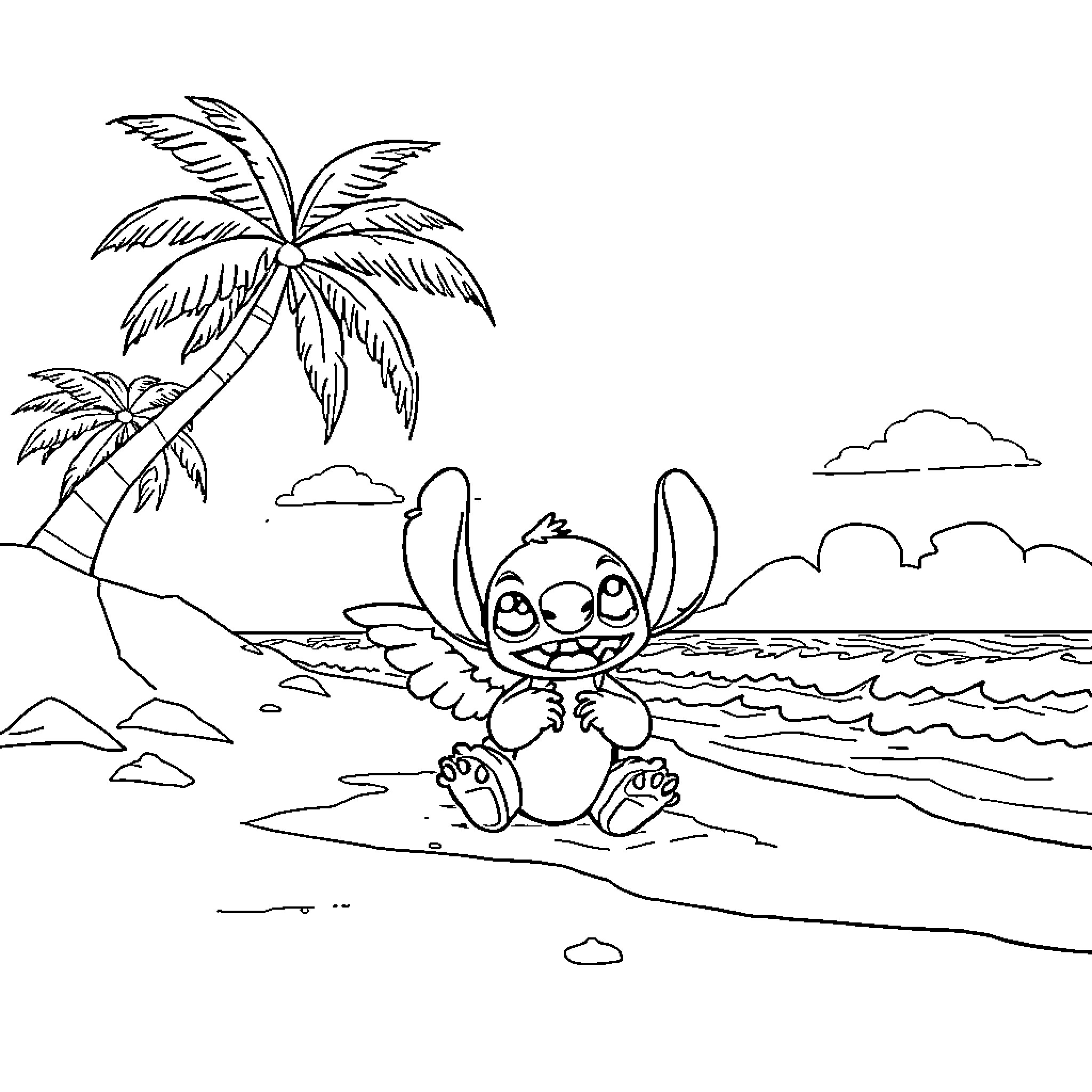 Stitch playing happily on the beach Coloring Page (free black-and-white line drawing printable PDF for all, from beginners to advanced learners, including children, teens, adults, and seniors)