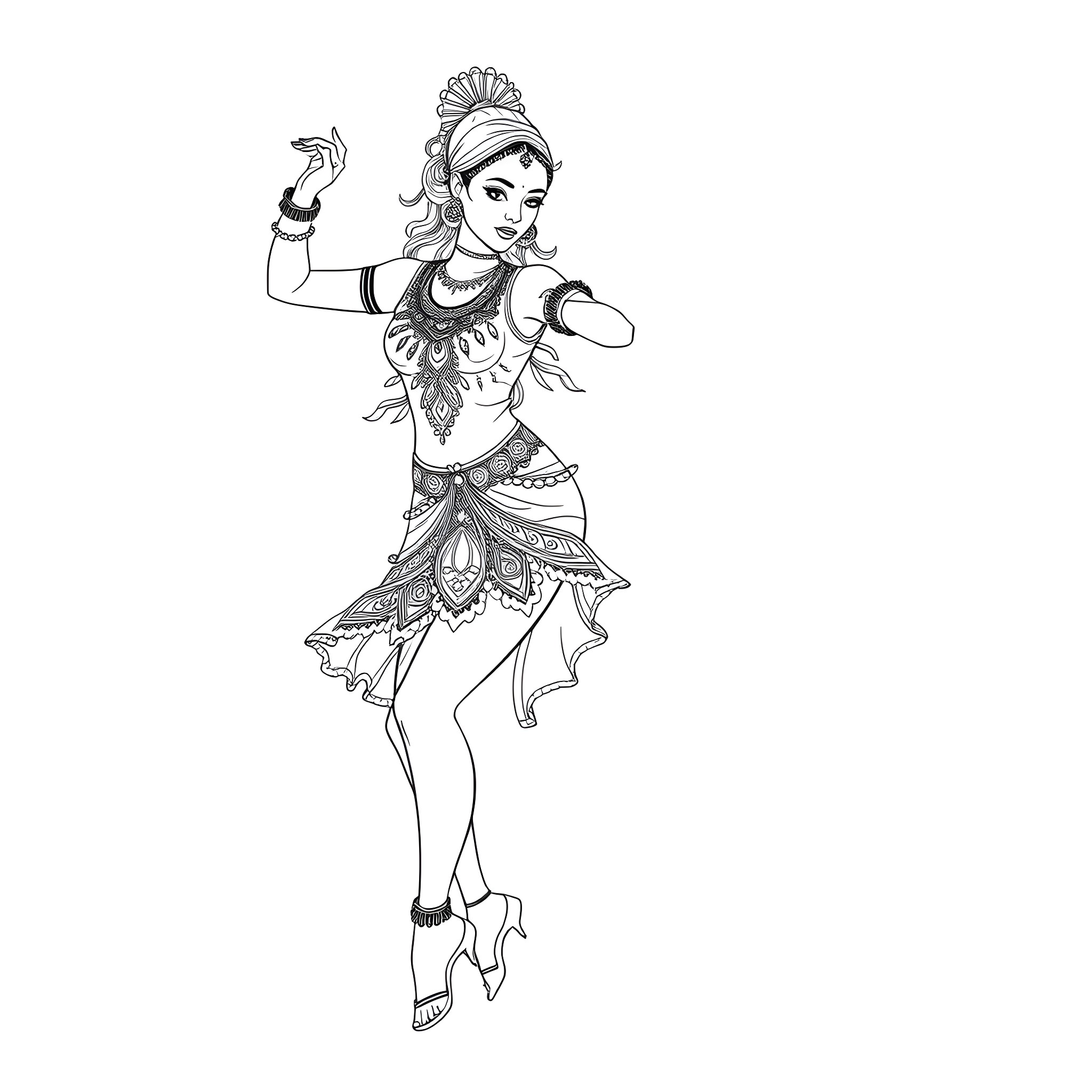 Dancer in ornate costume performing graceful poses Coloring Page (free black-and-white line drawing printable PDF for all, from beginners to advanced learners, including children, teens, adults, and seniors)