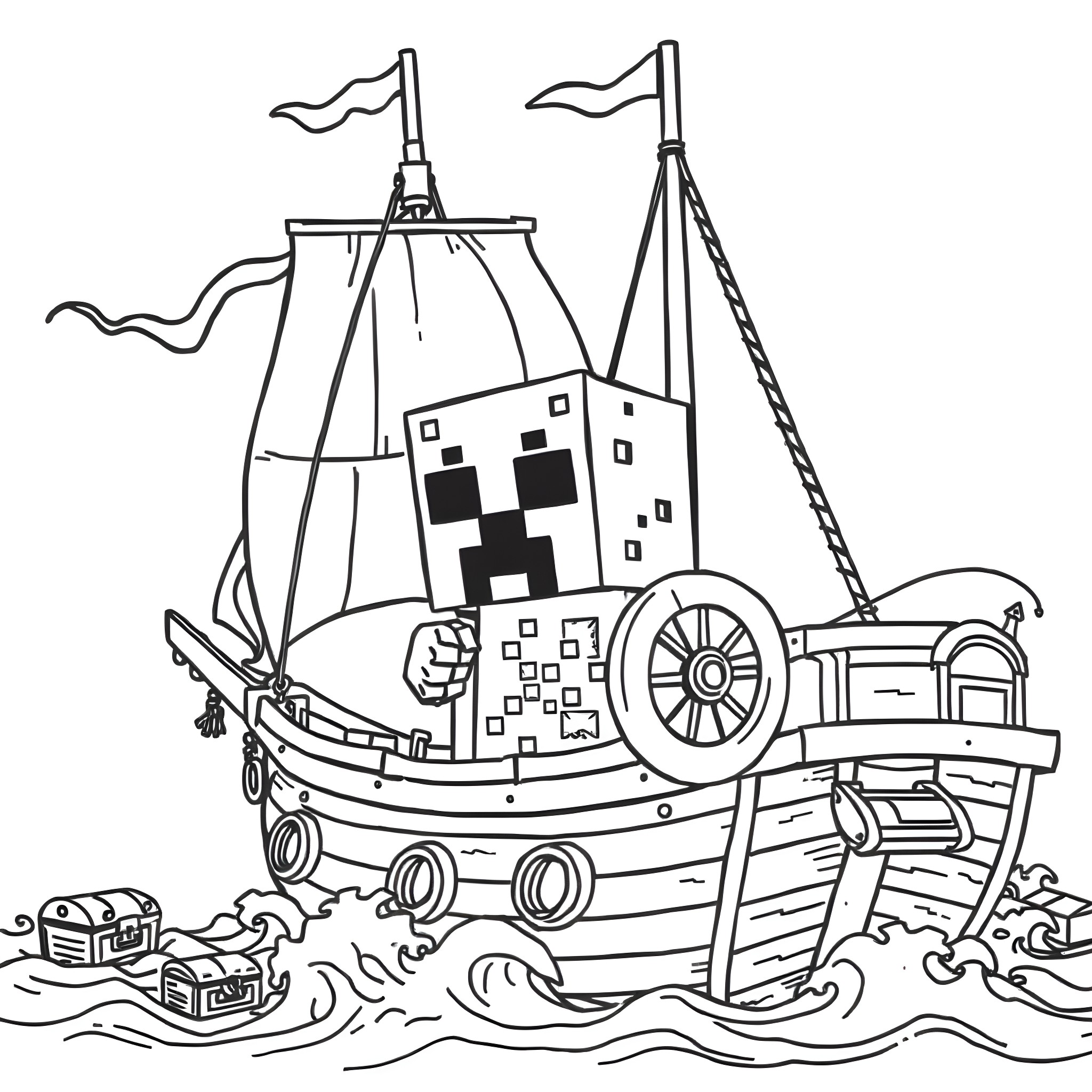Creeper Vessel Sailing the High Seas Coloring Page (free black-and-white line drawing printable PDF for all, from beginners to advanced learners, including children, teens, adults, and seniors)