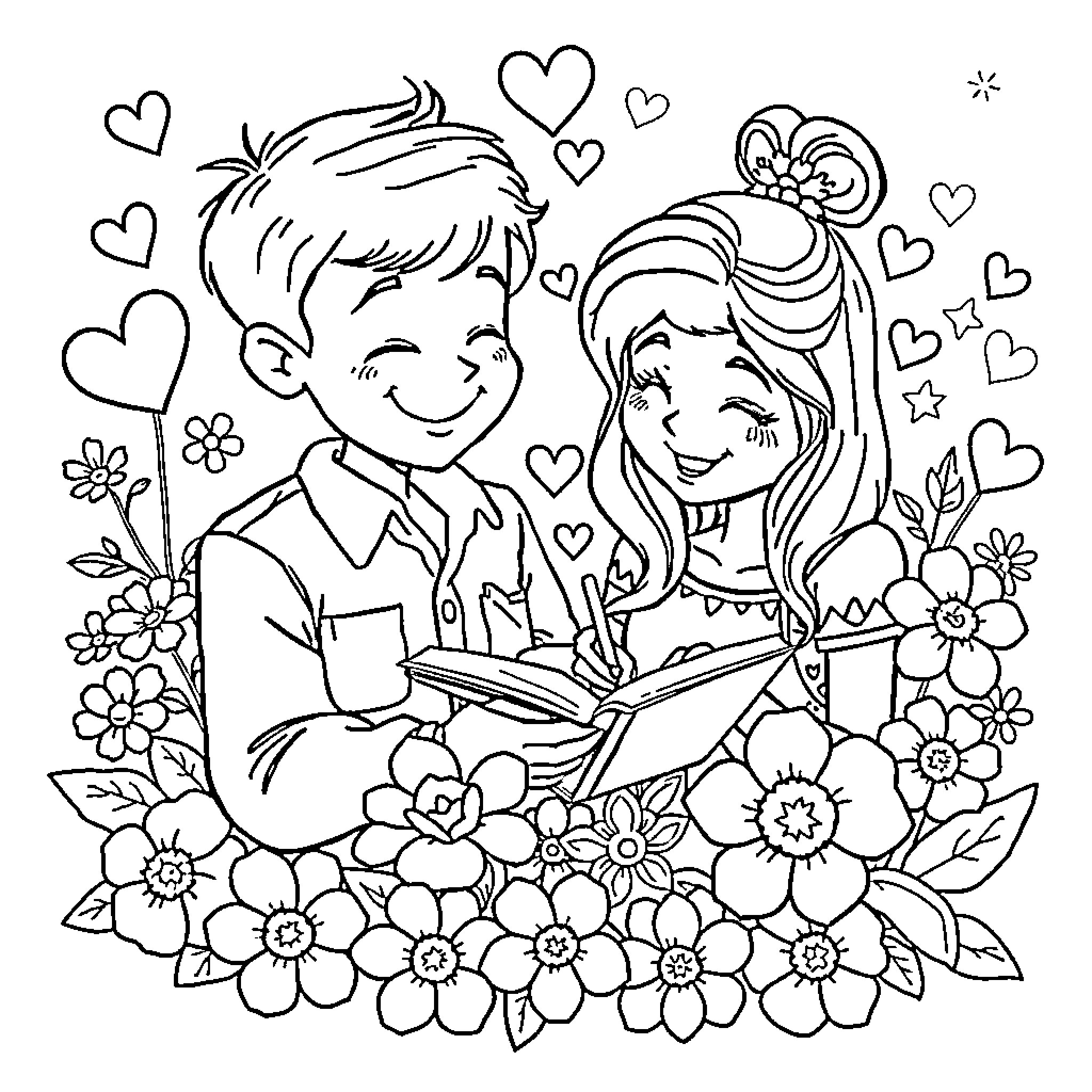 Johnny and Jenny's Romantic Storybook Adventure Coloring Page (free black-and-white line drawing printable PDF for all, from beginners to advanced learners, including children, teens, adults, and seniors)