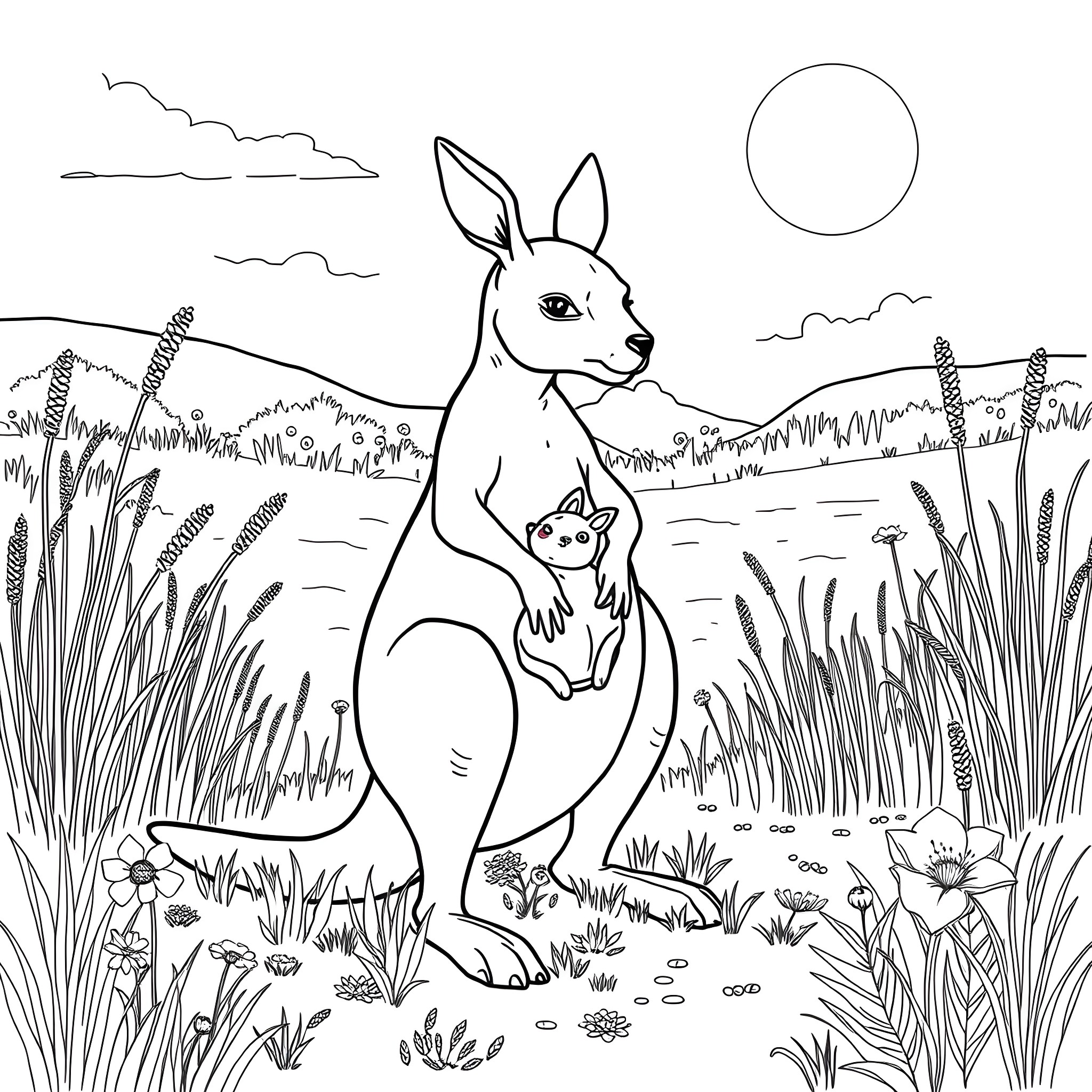 Kangaroo and its baby in the natural landscape Coloring Page (free black-and-white line drawing printable PDF for all, from beginners to advanced learners, including children, teens, adults, and seniors)