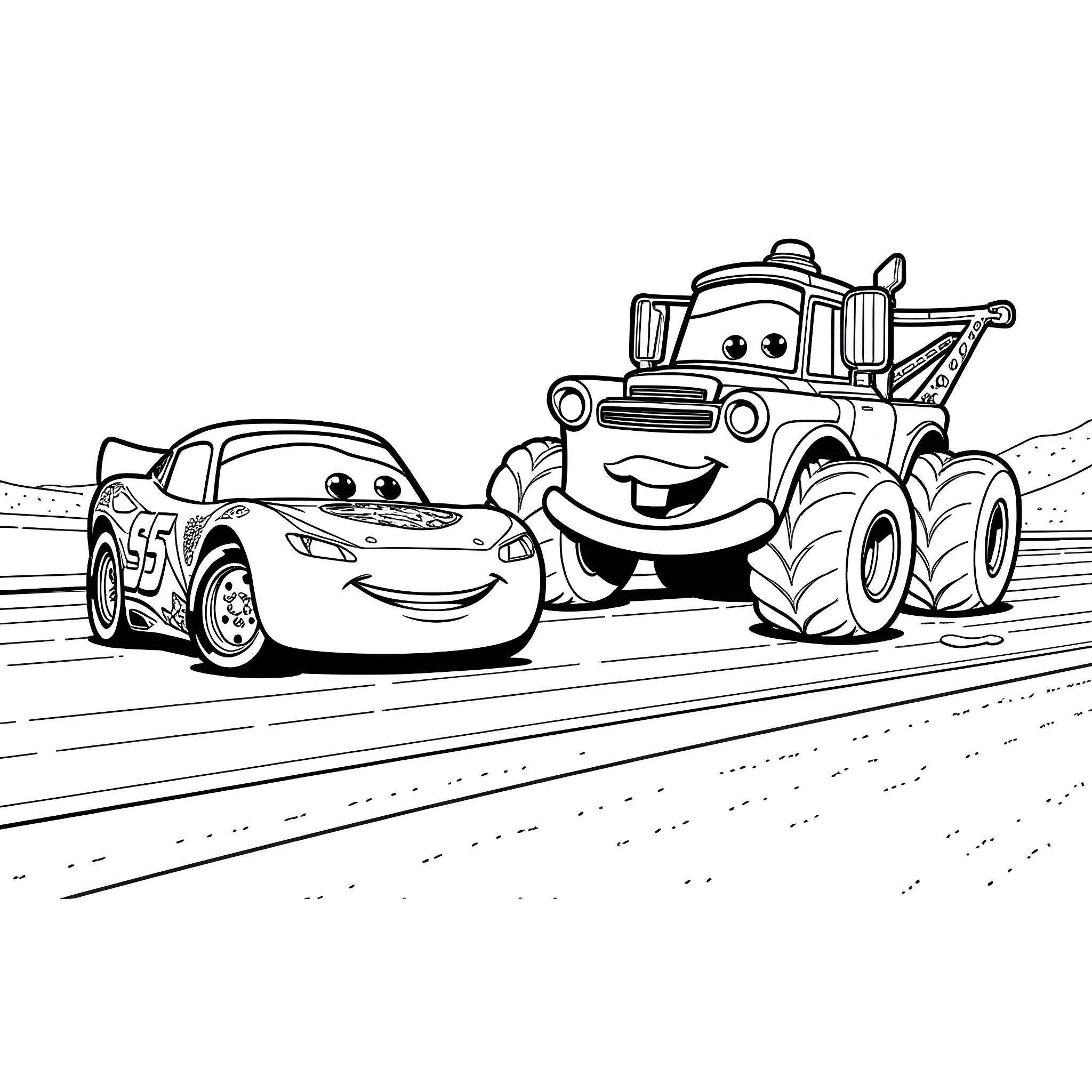 Lightning McQueen and Mater in an adventure Coloring Page (free black-and-white line drawing printable PDF for all, from beginners to advanced learners, including children, teens, adults, and seniors)