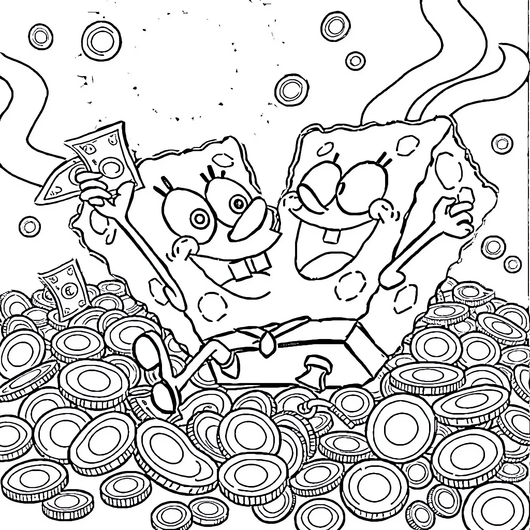 Spongebob and friends swimming in a sea of money Coloring Page (free black-and-white line drawing printable PDF for all, from beginners to advanced learners, including children, teens, adults, and seniors)