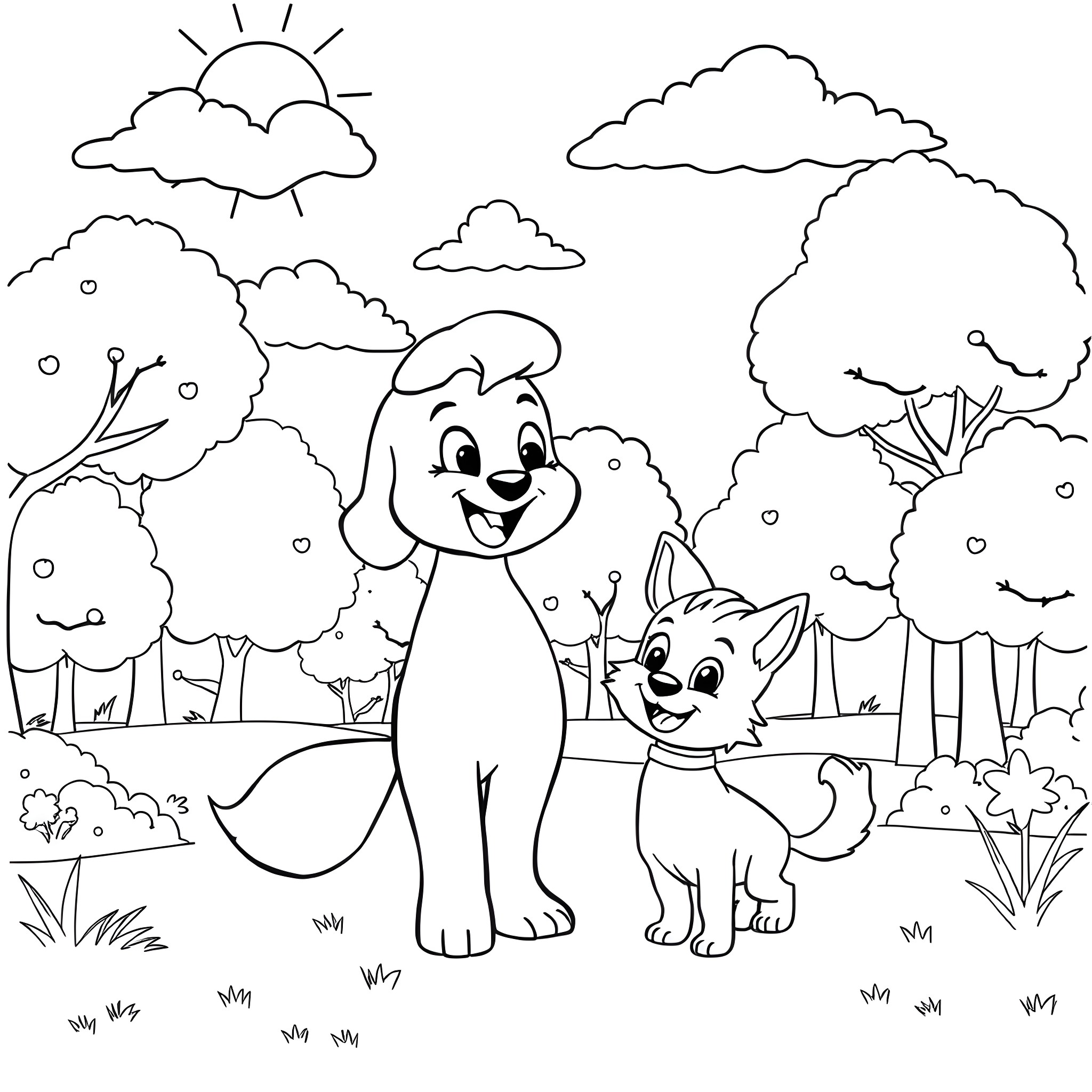 Bluey playing with puppy in the park Coloring Page (free black-and-white line drawing printable PDF for all, from beginners to advanced learners, including children, teens, adults, and seniors)