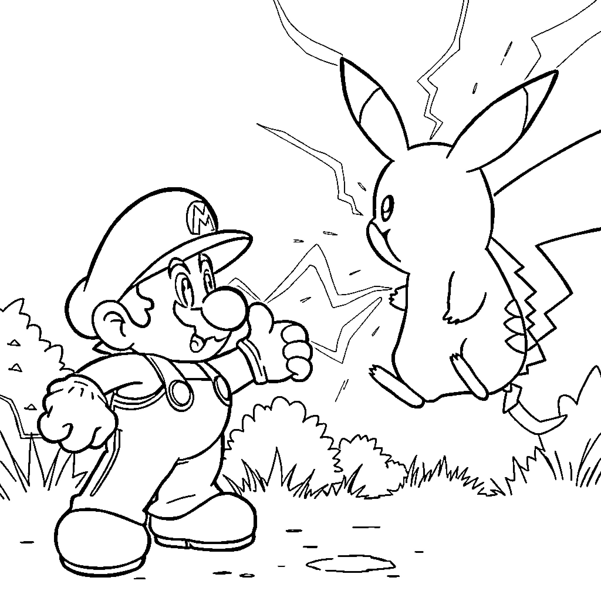 Mario battles a ferocious Pikachu in the wild Coloring Page (free black-and-white line drawing printable PDF for all, from beginners to advanced learners, including children, teens, adults, and seniors)
