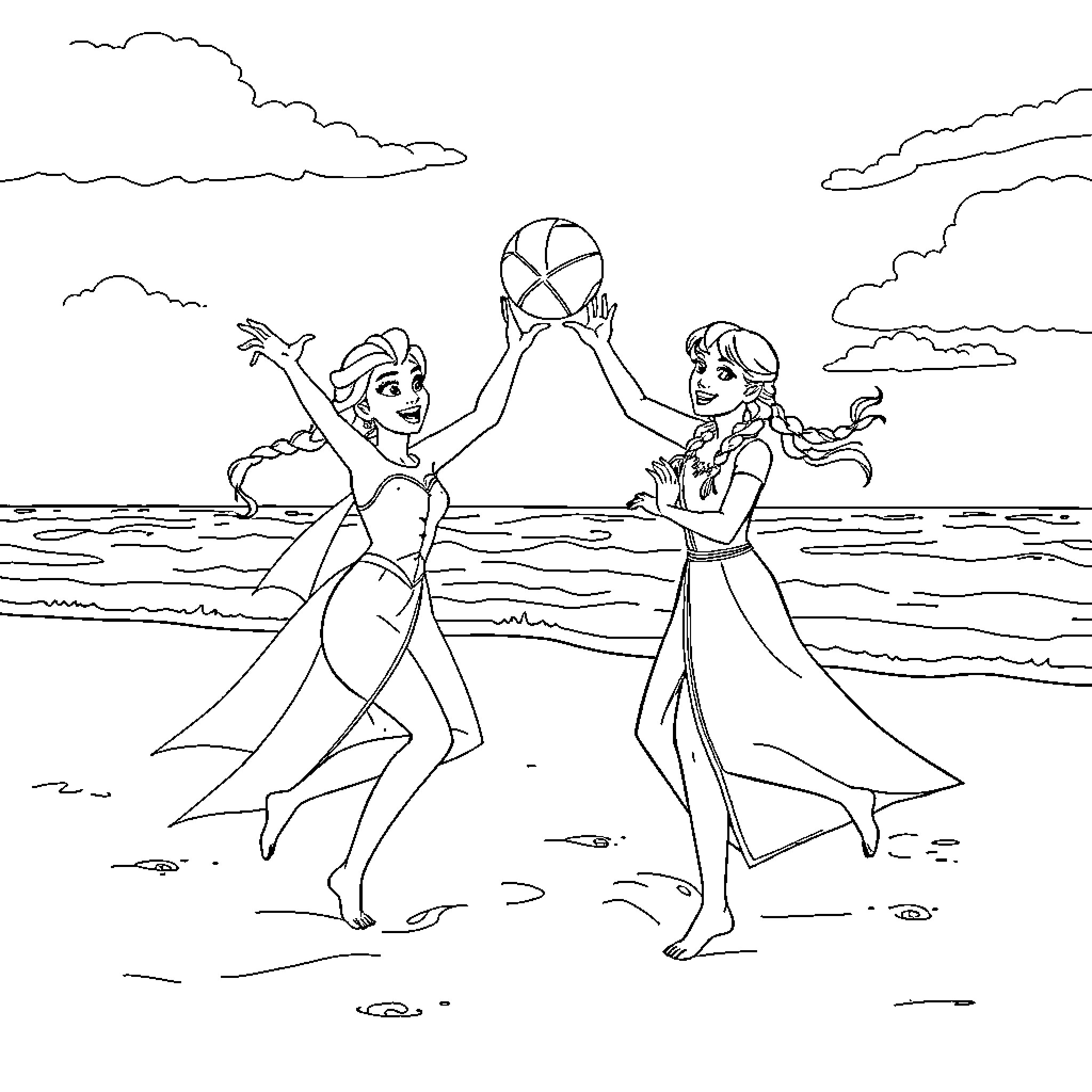 Elsa and Anna playing on the beach Coloring Page (free black-and-white line drawing printable PDF for all, from beginners to advanced learners, including children, teens, adults, and seniors)