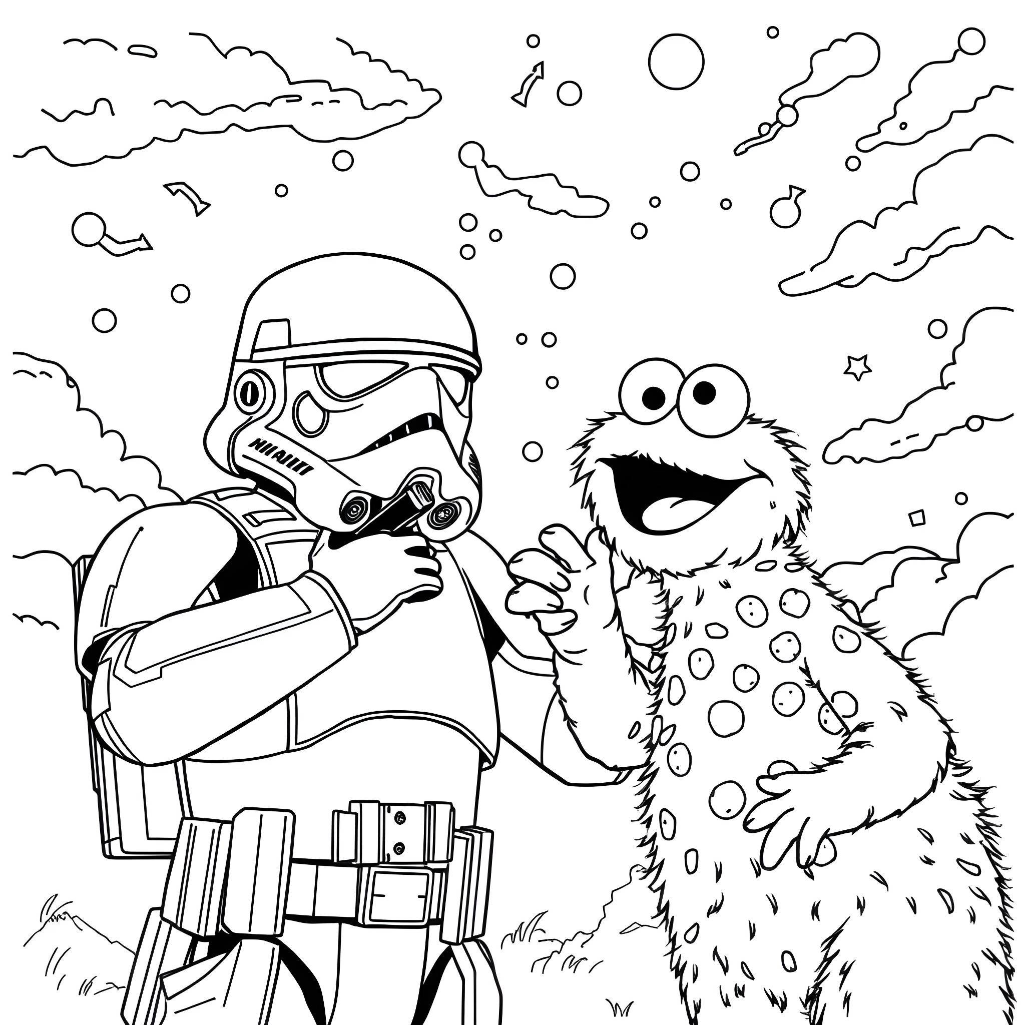 Stormtrooper encountering a friendly monster in the snow Coloring Page (free black-and-white line drawing printable PDF for all, from beginners to advanced learners, including children, teens, adults, and seniors)