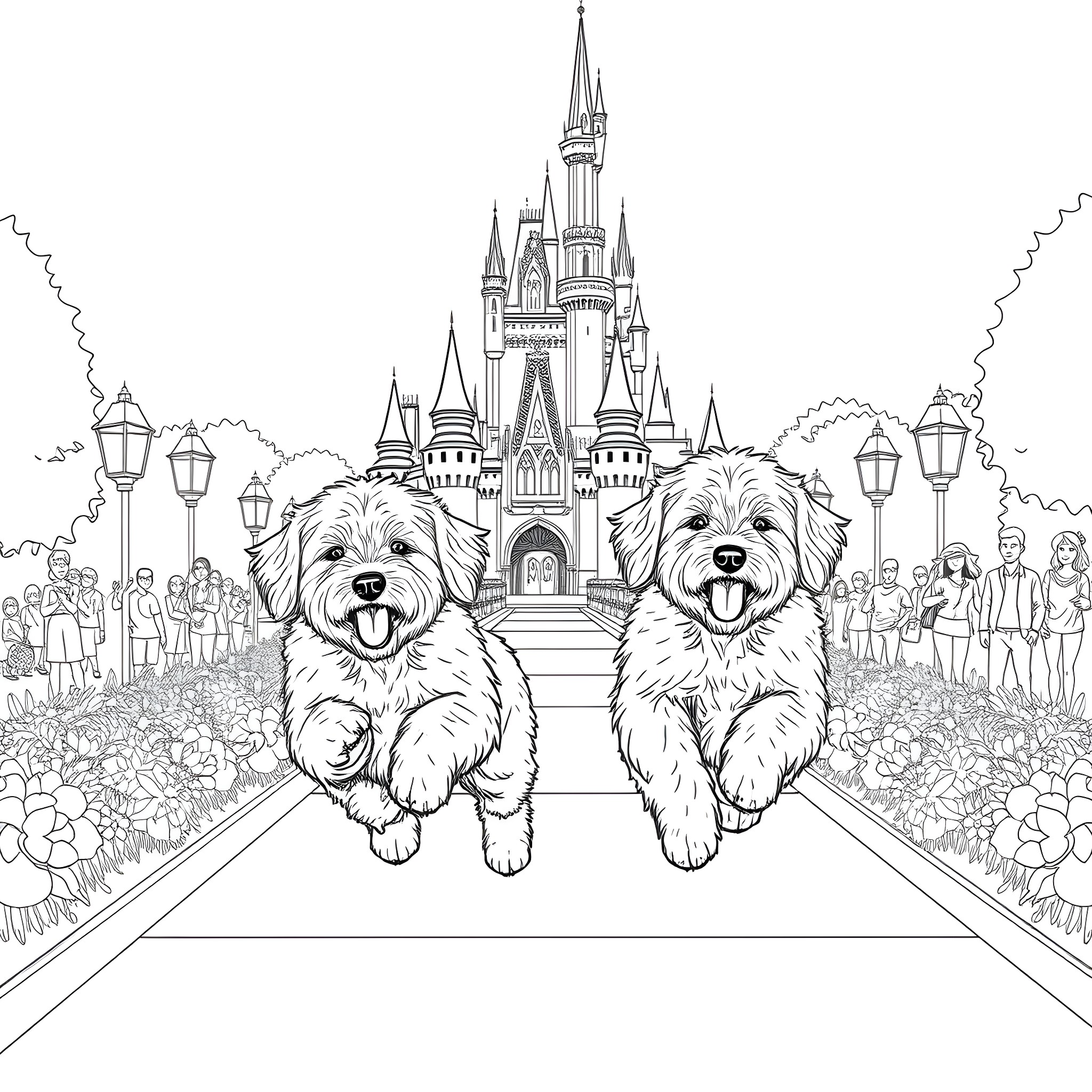 Goldendoodle dogs in front of a fantasy castle Coloring Page (free black-and-white line drawing printable PDF for all, from beginners to advanced learners, including children, teens, adults, and seniors)