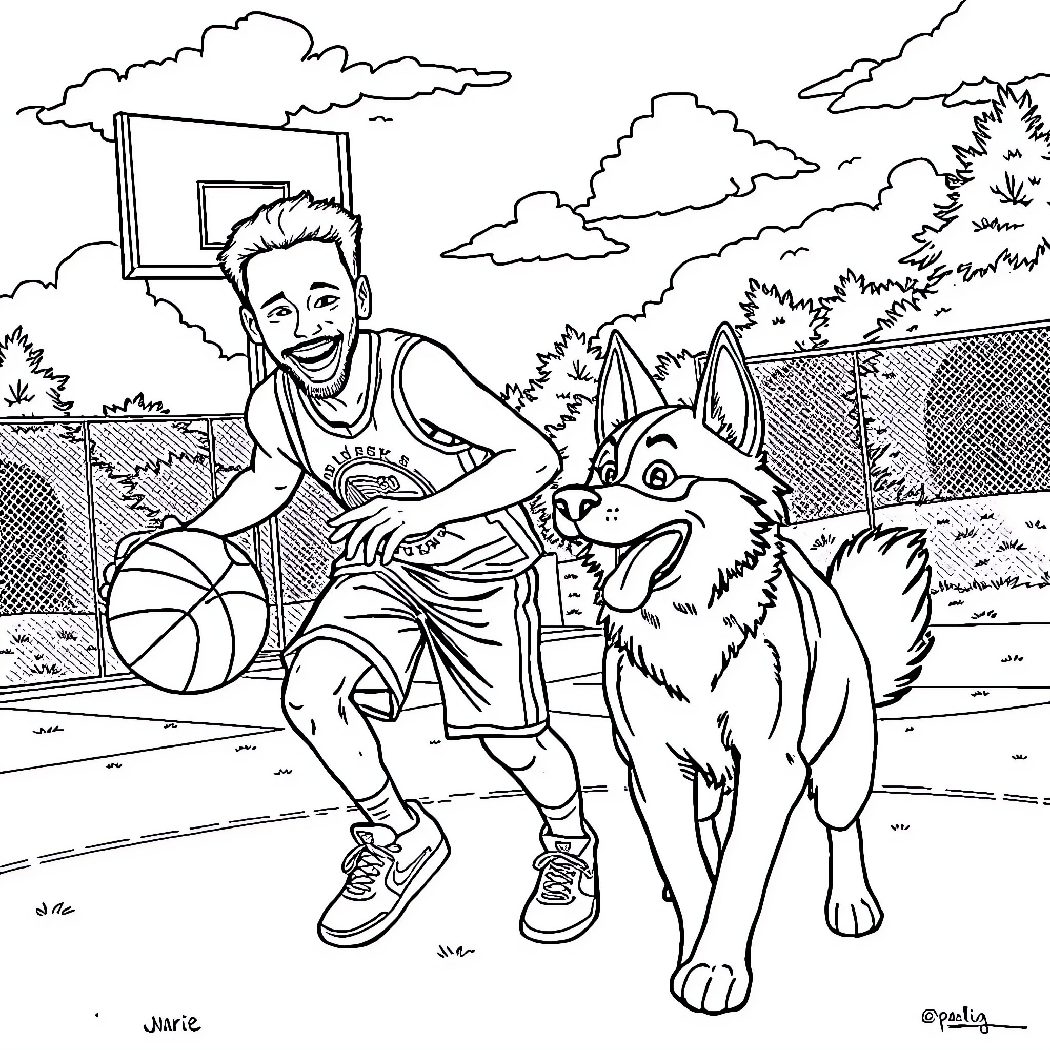 Stephen Curry playing basketball with his dog on the court Coloring Page (free black-and-white line drawing printable PDF for all, from beginners to advanced learners, including children, teens, adults, and seniors)