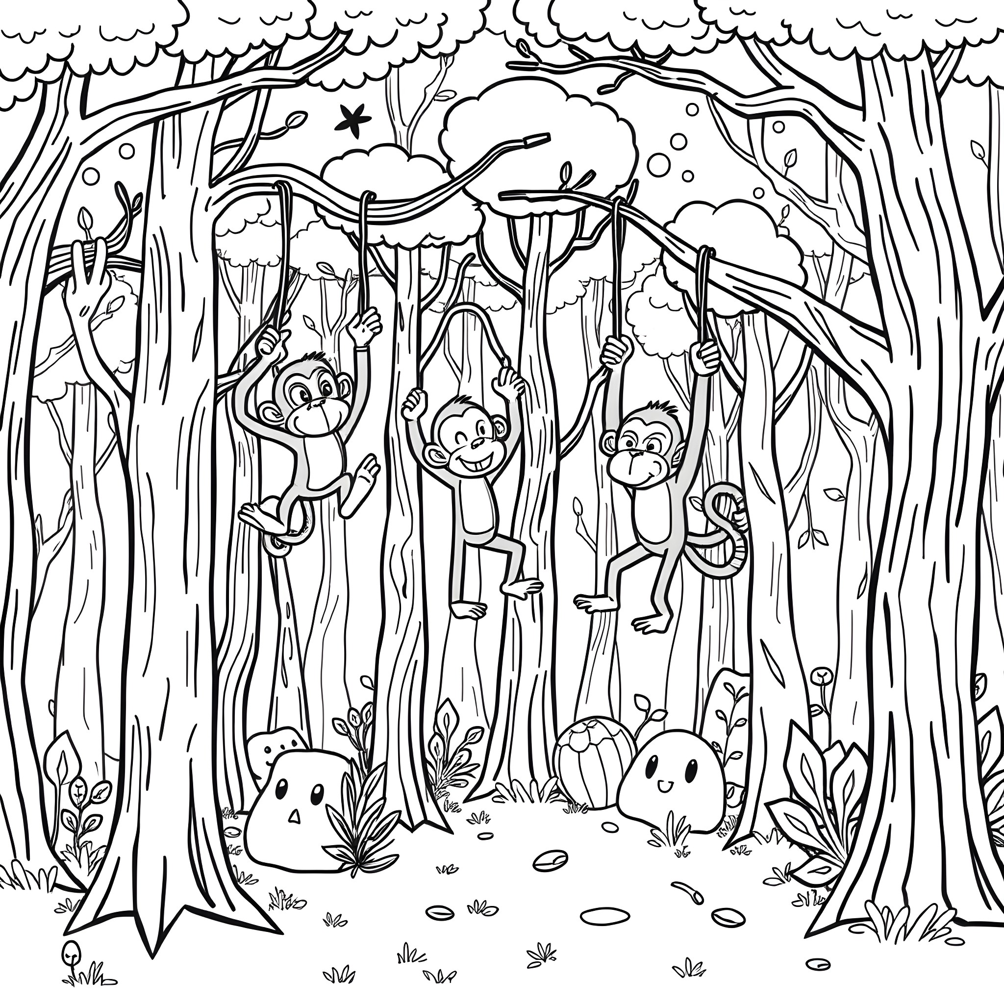 Monkey friends exploring the magical forest Coloring Page (free black-and-white line drawing printable PDF for all, from beginners to advanced learners, including children, teens, adults, and seniors)