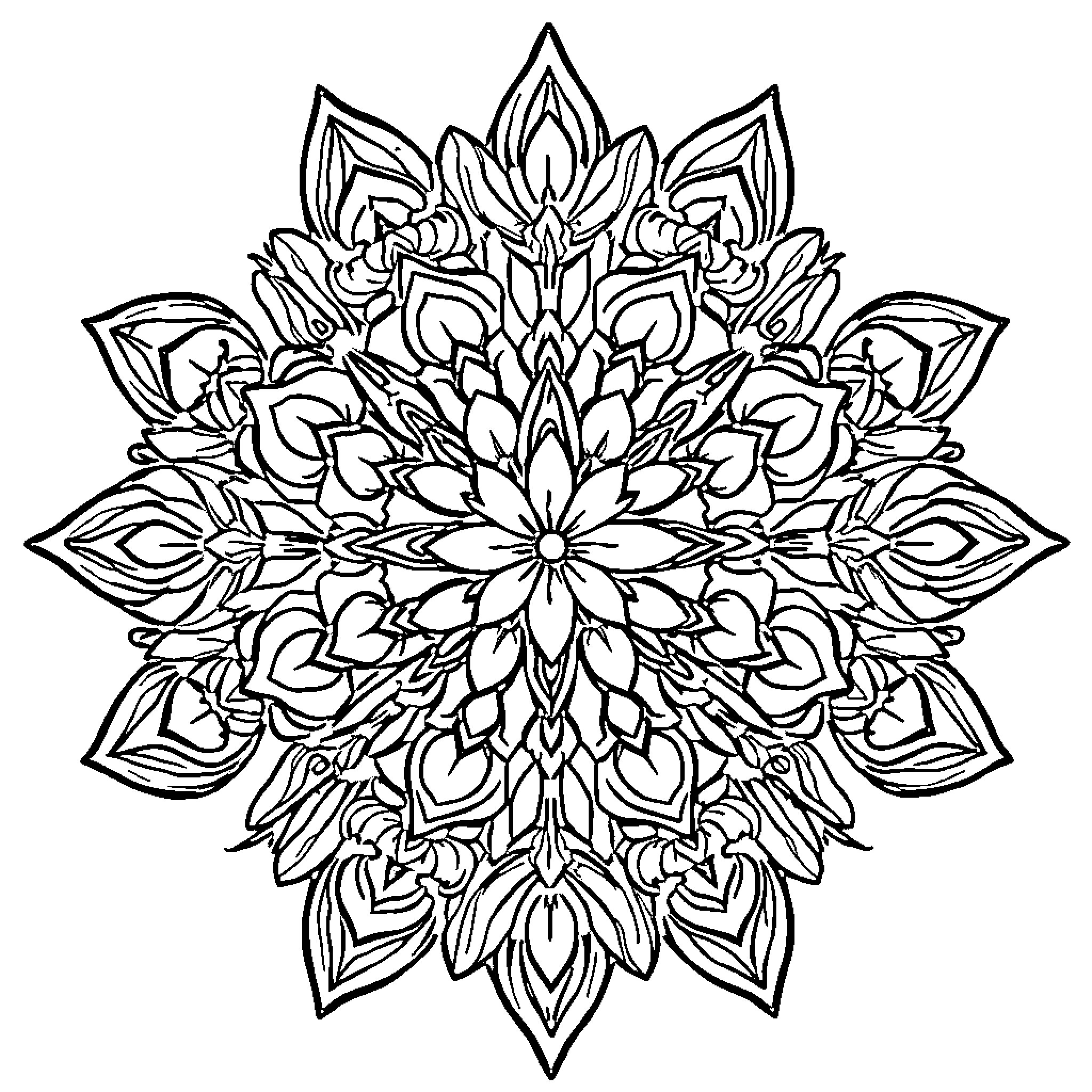 Mandala of intricate floral patterns Coloring Page (free black-and-white line drawing printable PDF for all, from beginners to advanced learners, including children, teens, adults, and seniors)