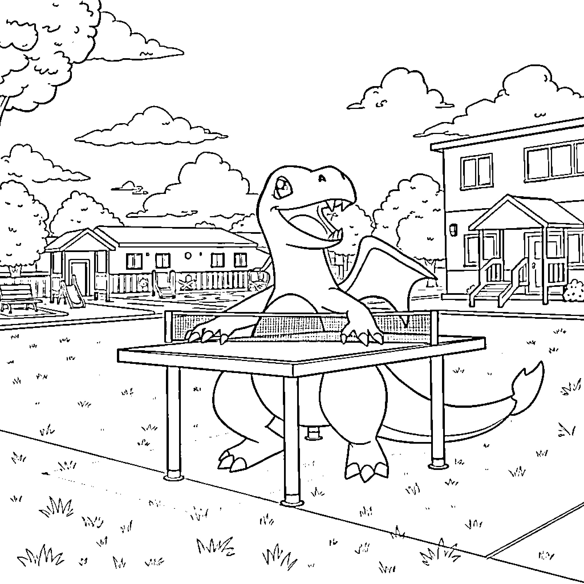Charizard Standing on a Picnic Table in a Neighborhood Coloring Page (free black-and-white line drawing printable PDF for all, from beginners to advanced learners, including children, teens, adults, and seniors)