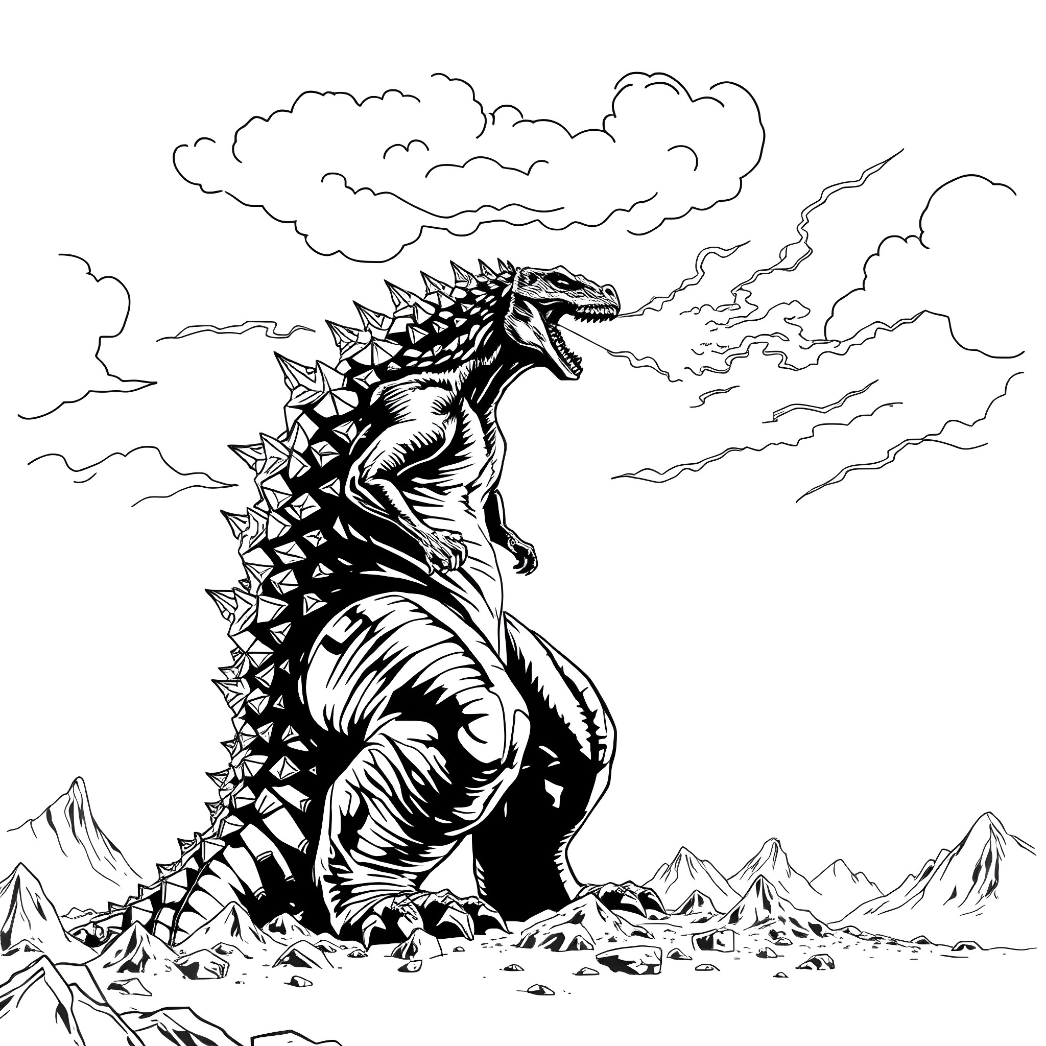 Godzilla Roaring Amidst Stormy Clouds Coloring Page (free black-and-white line drawing printable PDF for all, from beginners to advanced learners, including children, teens, adults, and seniors)