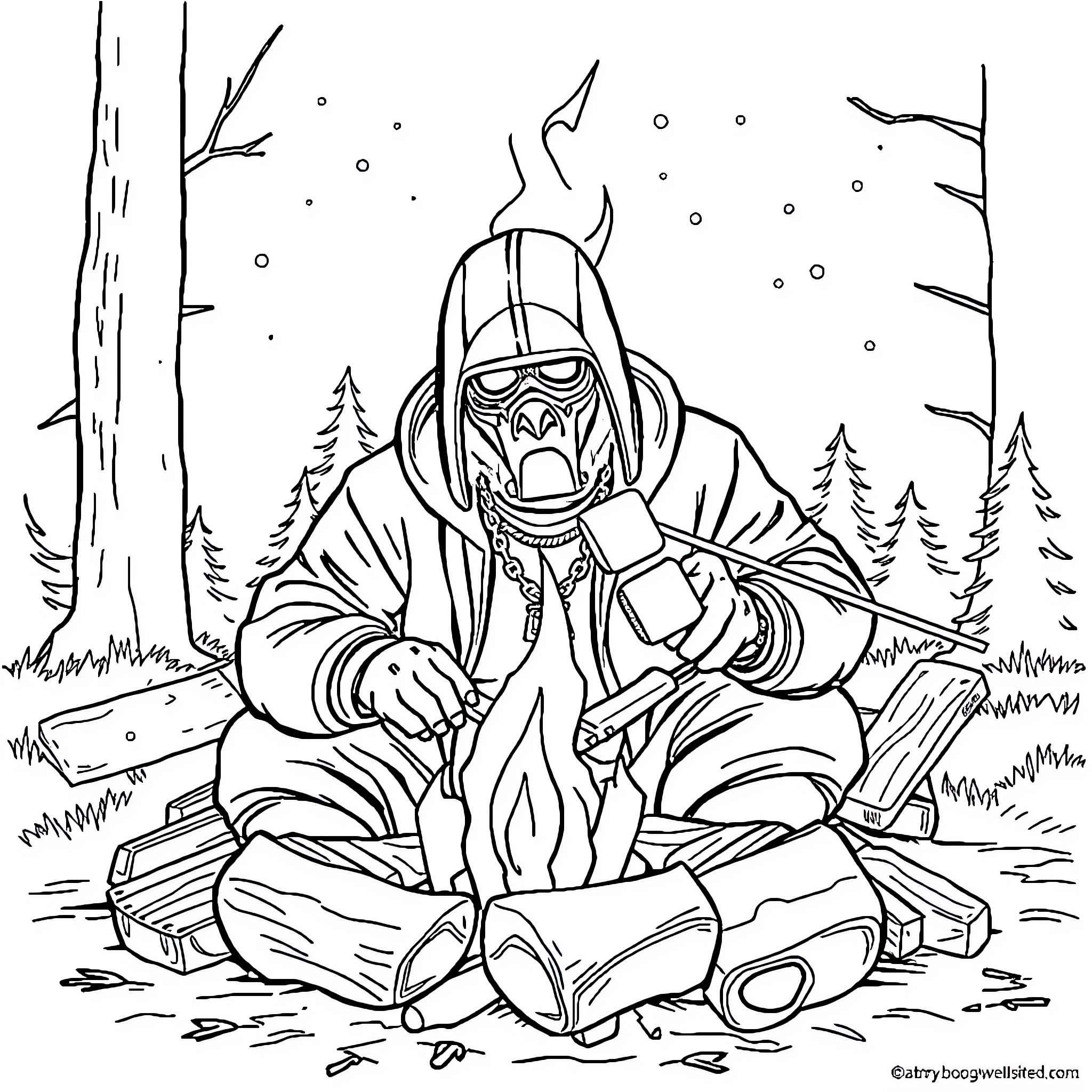 MF DOOM warming by the campfire in the snowy woods Coloring Page (free black-and-white line drawing printable PDF for all, from beginners to advanced learners, including children, teens, adults, and seniors)