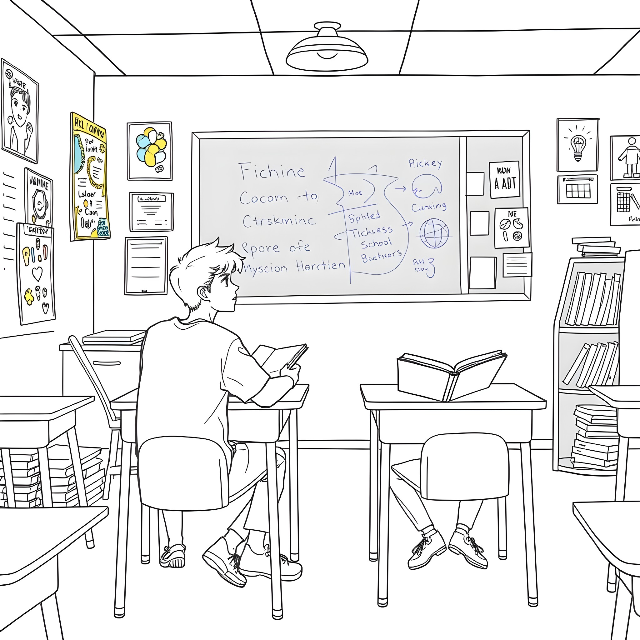 Teen Boy Studying and Taking Notes in Classroom Coloring Page (free black-and-white line drawing printable PDF for all, from beginners to advanced learners, including children, teens, adults, and seniors)