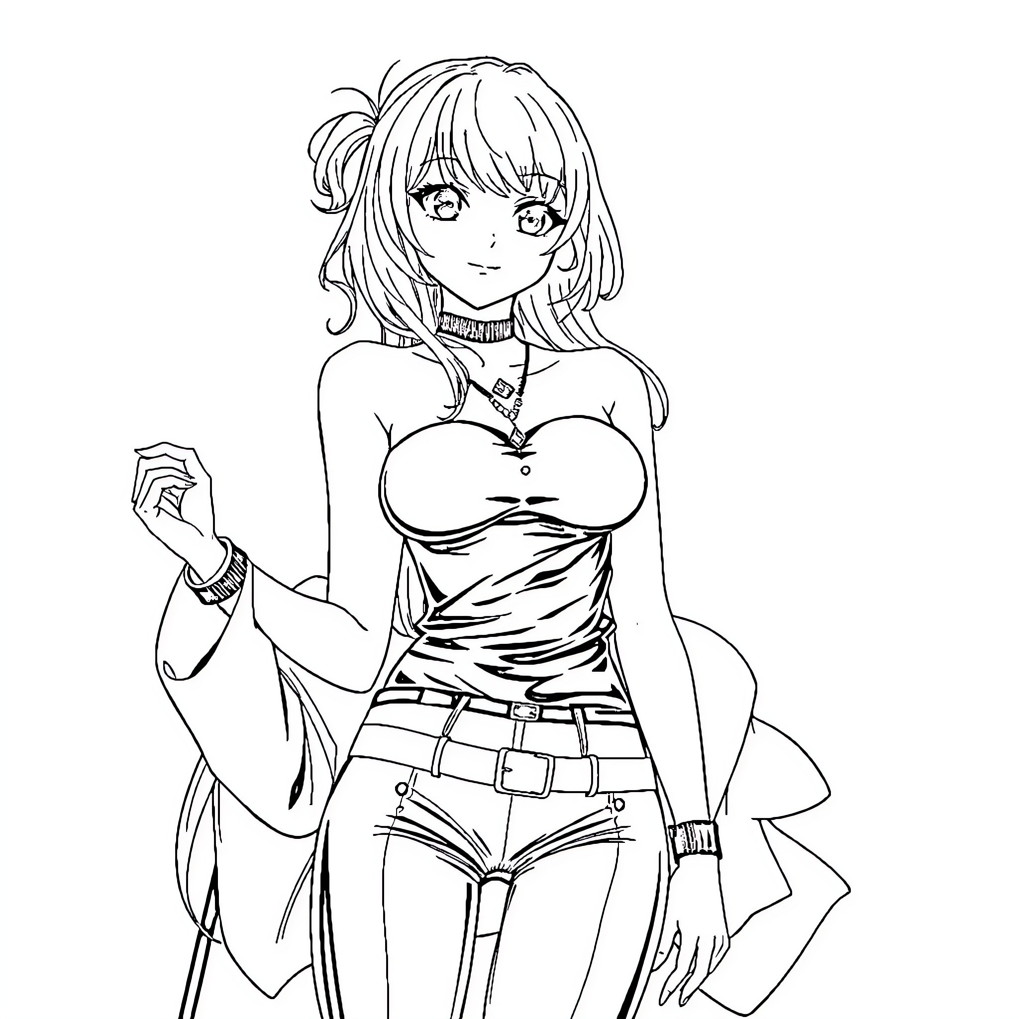 Anime Girl with Confident Pose and Attire Coloring Page (free black-and-white line drawing printable PDF for all, from beginners to advanced learners, including children, teens, adults, and seniors)