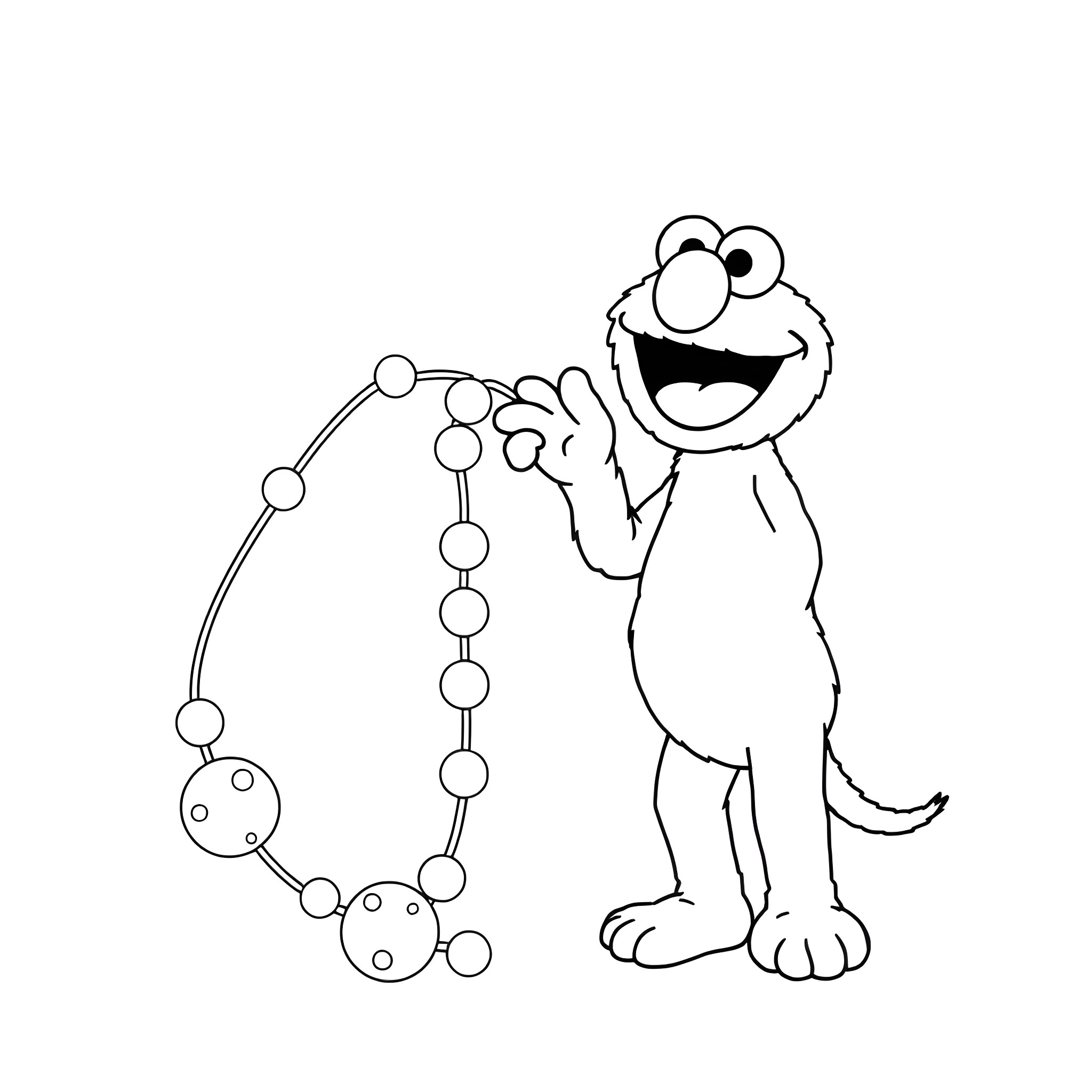 Elmo playing with beaded necklace Coloring Page (free black-and-white line drawing printable PDF for all, from beginners to advanced learners, including children, teens, adults, and seniors)