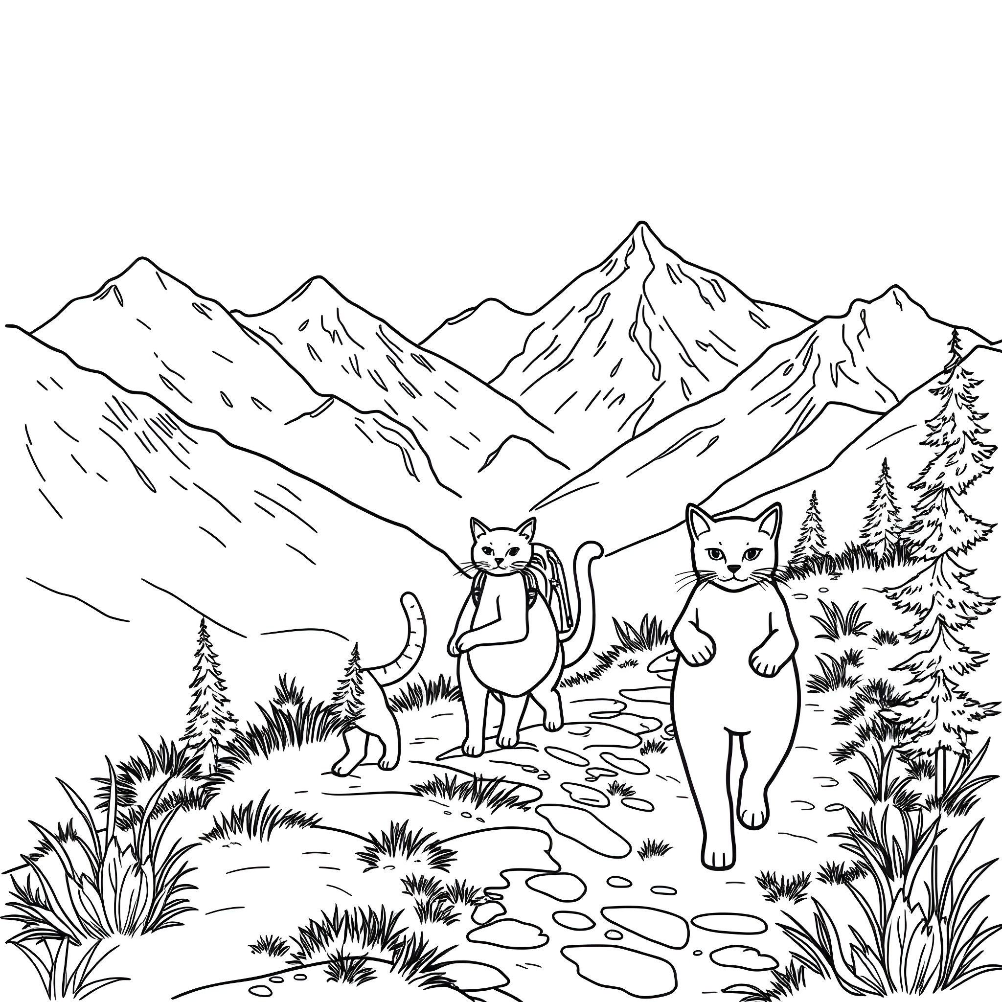 Cats exploring the mountain landscape Coloring Page (free black-and-white line drawing printable PDF for all, from beginners to advanced learners, including children, teens, adults, and seniors)