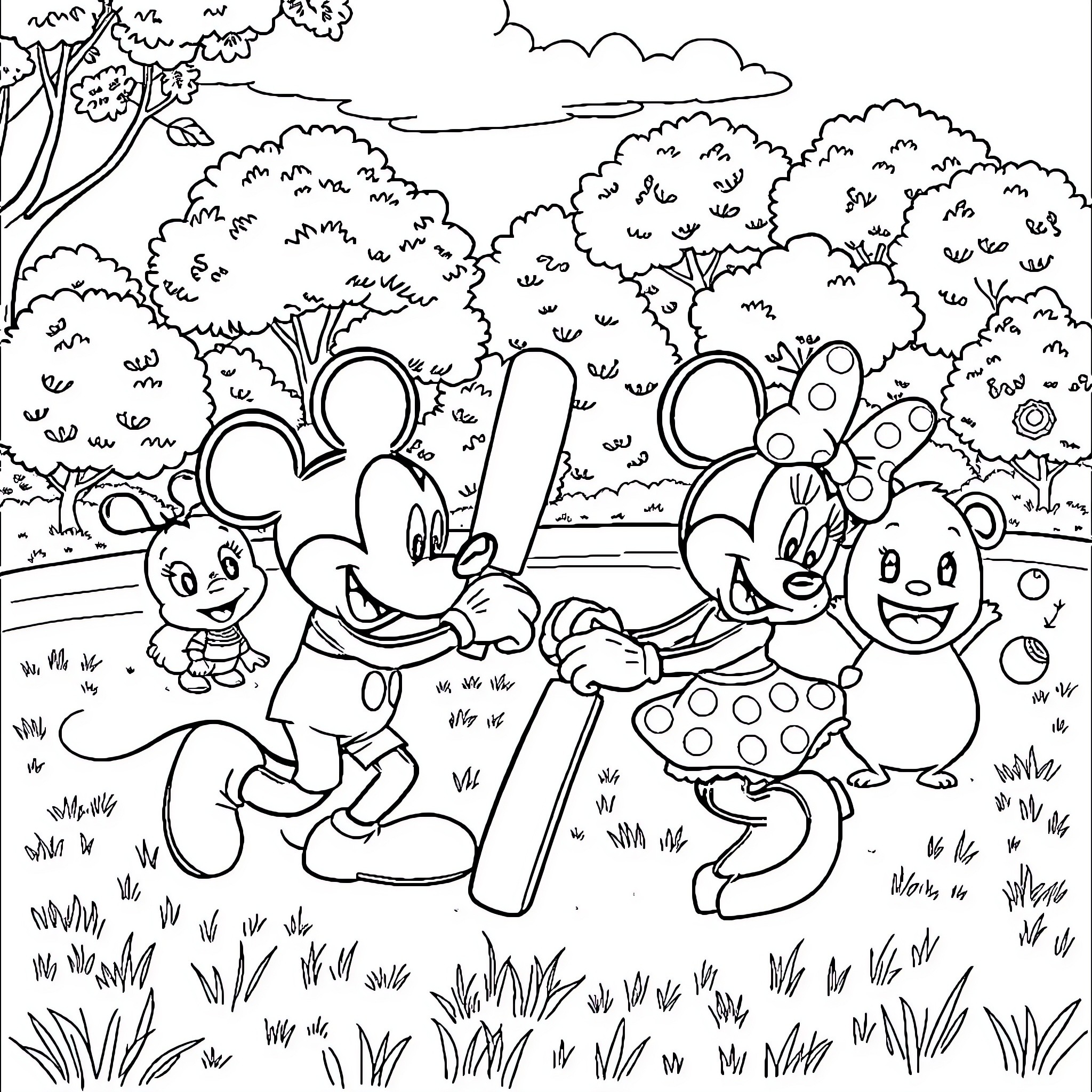 Mickey Mouse and friends play joyfully in a lush garden Coloring Page (free black-and-white line drawing printable PDF for all, from beginners to advanced learners, including children, teens, adults, and seniors)