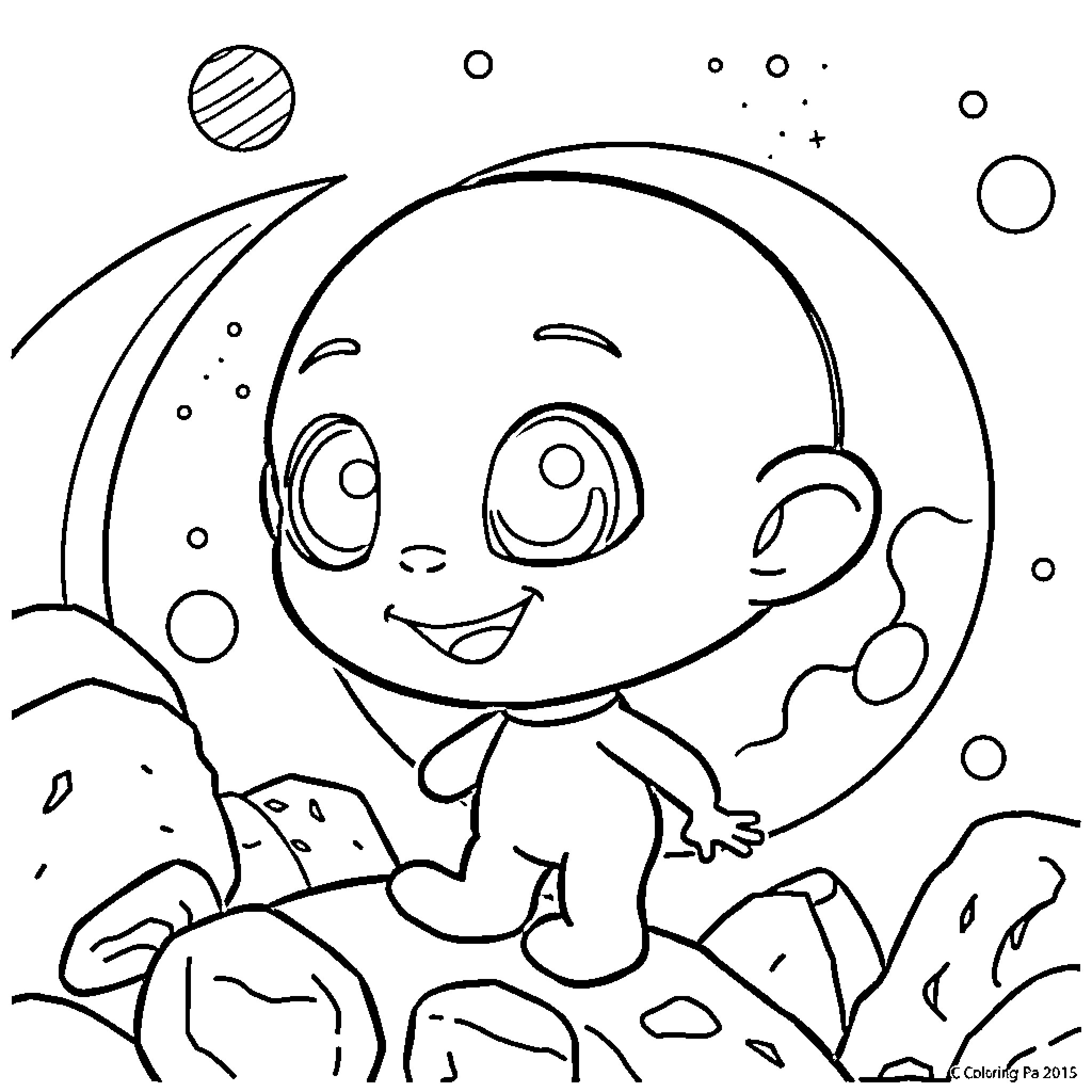 Pocoyo exploring the cosmos with a cheerful expression Coloring Page (free black-and-white line drawing printable PDF for all, from beginners to advanced learners, including children, teens, adults, and seniors)
