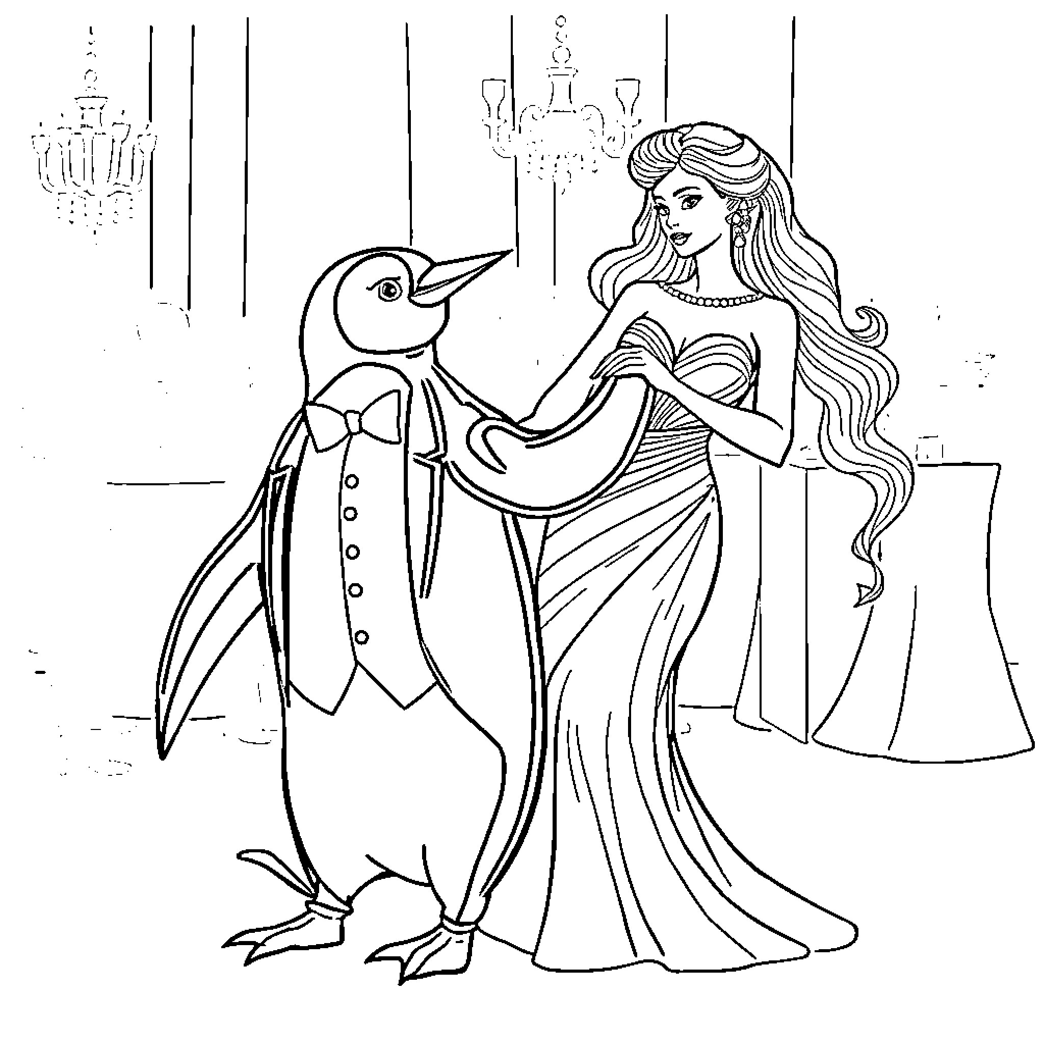 Penguin and woman in elegant attire Coloring Page (free black-and-white line drawing printable PDF for all, from beginners to advanced learners, including children, teens, adults, and seniors)