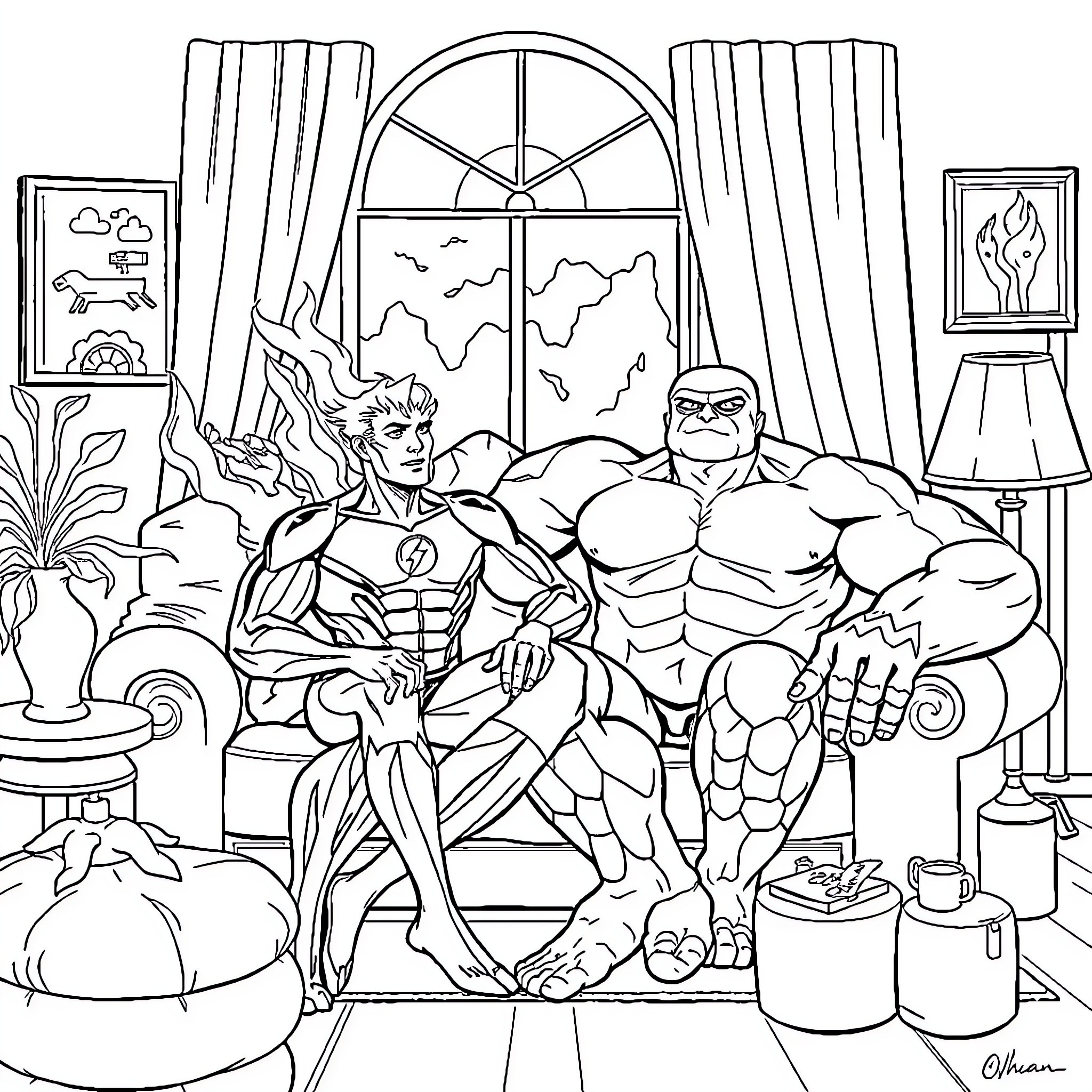 Human Torch heroes relaxing in their lair Coloring Page (free black-and-white line drawing printable PDF for all, from beginners to advanced learners, including children, teens, adults, and seniors)