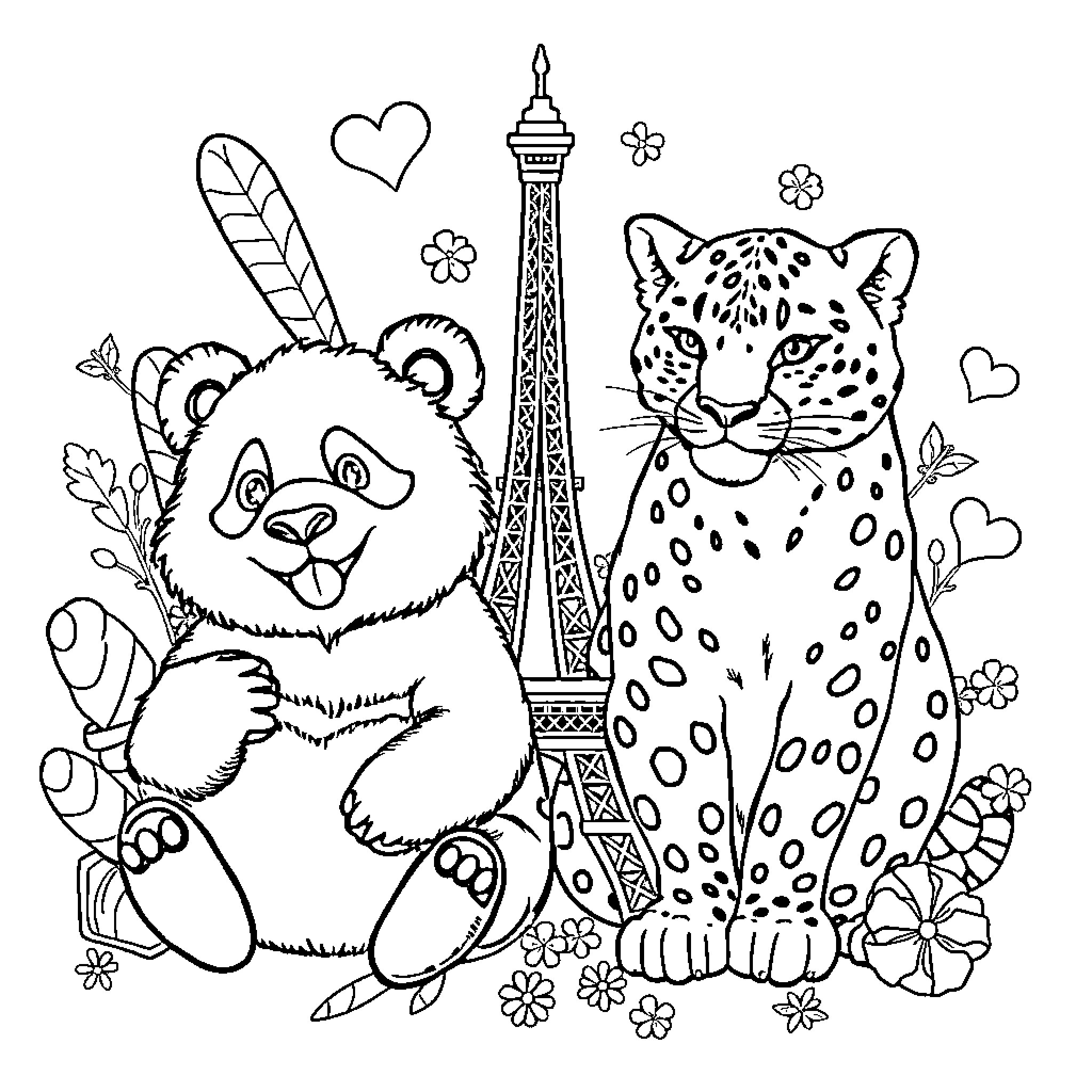 Panda and Leopard Exploring Parisian Sights Coloring Page (free black-and-white line drawing printable PDF for all, from beginners to advanced learners, including children, teens, adults, and seniors)