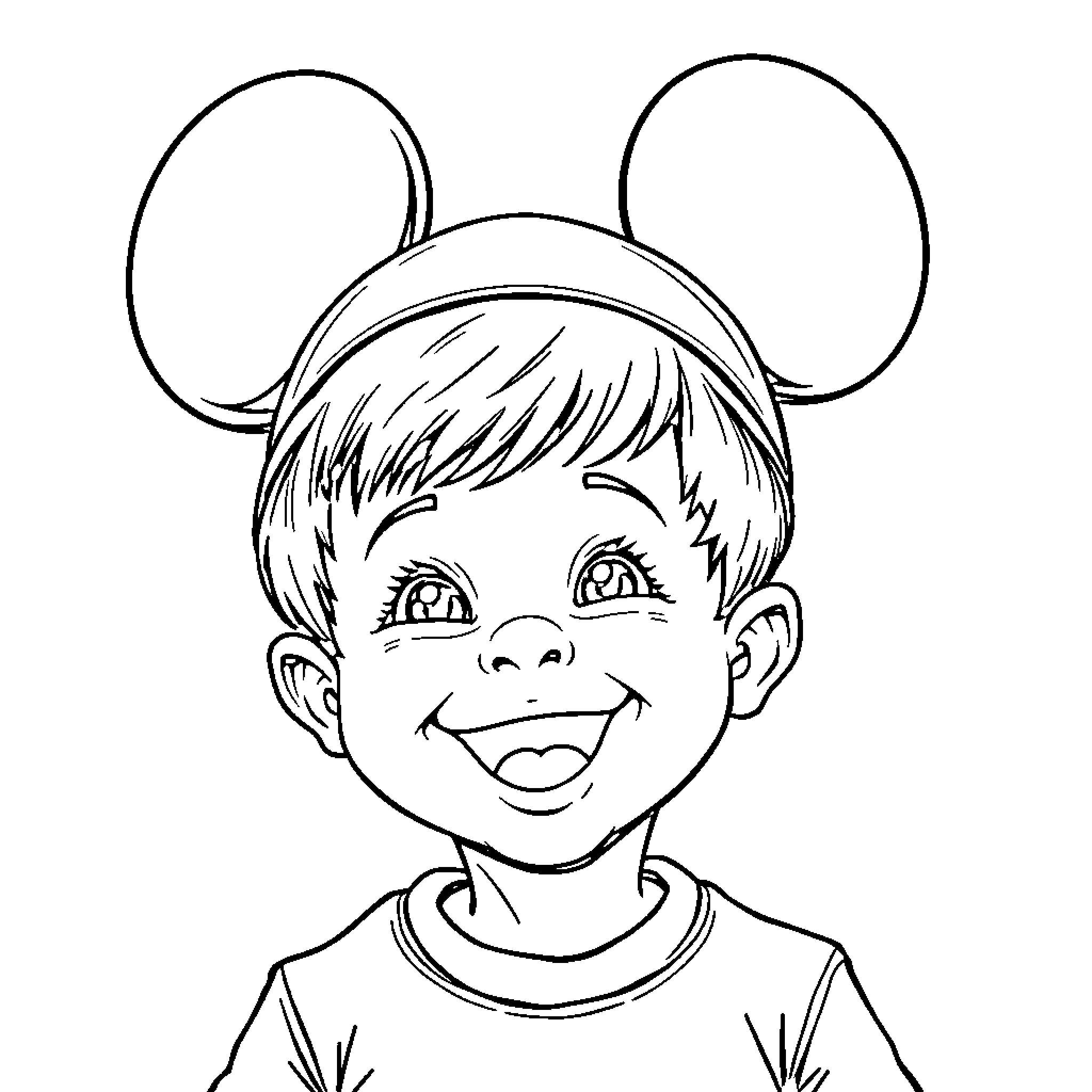 Toddler wearing whimsical mouse-ear hat with joyful expression Coloring Page (free black-and-white line drawing printable PDF for all, from beginners to advanced learners, including children, teens, adults, and seniors)