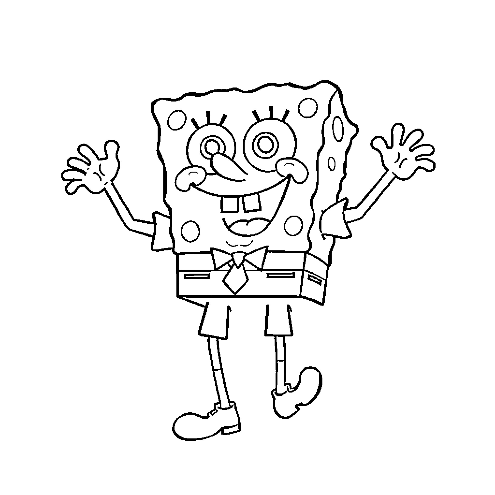 Spongebob excitedly waving and jumping Coloring Page (free black-and-white line drawing printable PDF for all, from beginners to advanced learners, including children, teens, adults, and seniors)