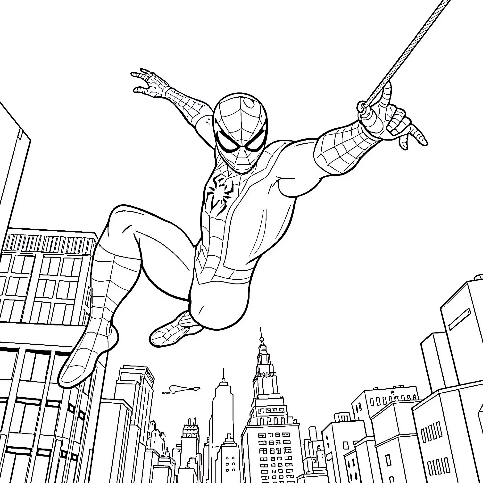 Spiderman swinging through the city skyline Coloring Page (free black-and-white line drawing printable PDF for all, from beginners to advanced learners, including children, teens, adults, and seniors)