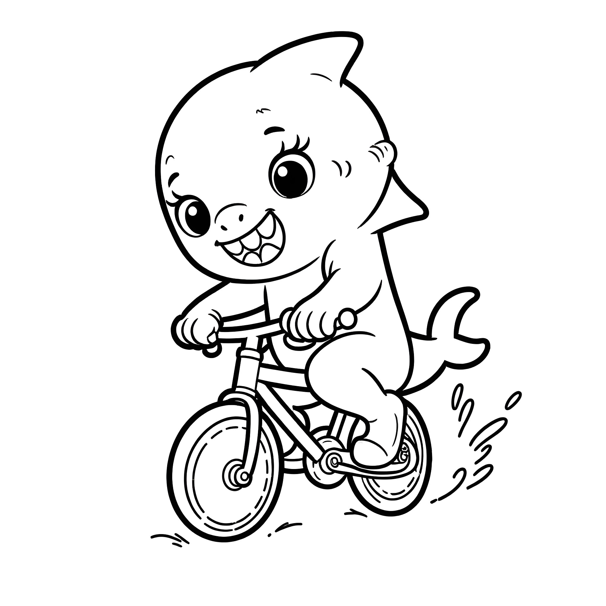 Shark riding a bicycle happily Coloring Page (free black-and-white line drawing printable PDF for all, from beginners to advanced learners, including children, teens, adults, and seniors)