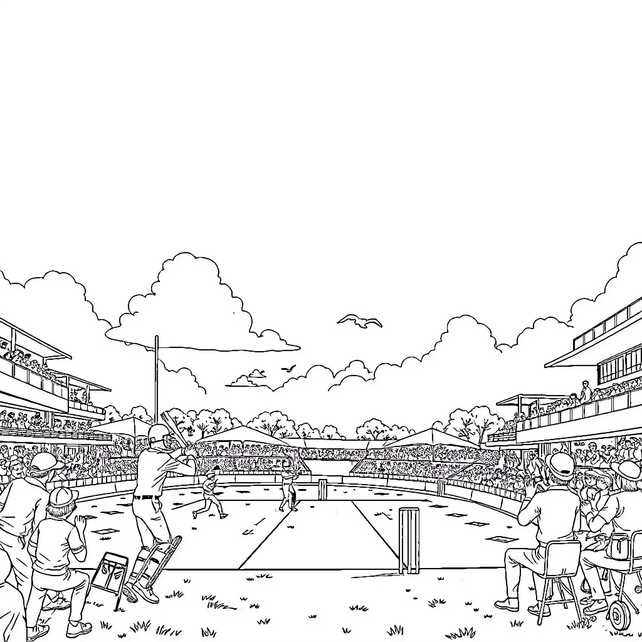 Cricket Match at the Stadium Coloring Page (free black-and-white line drawing printable PDF for all, from beginners to advanced learners, including children, teens, adults, and seniors)