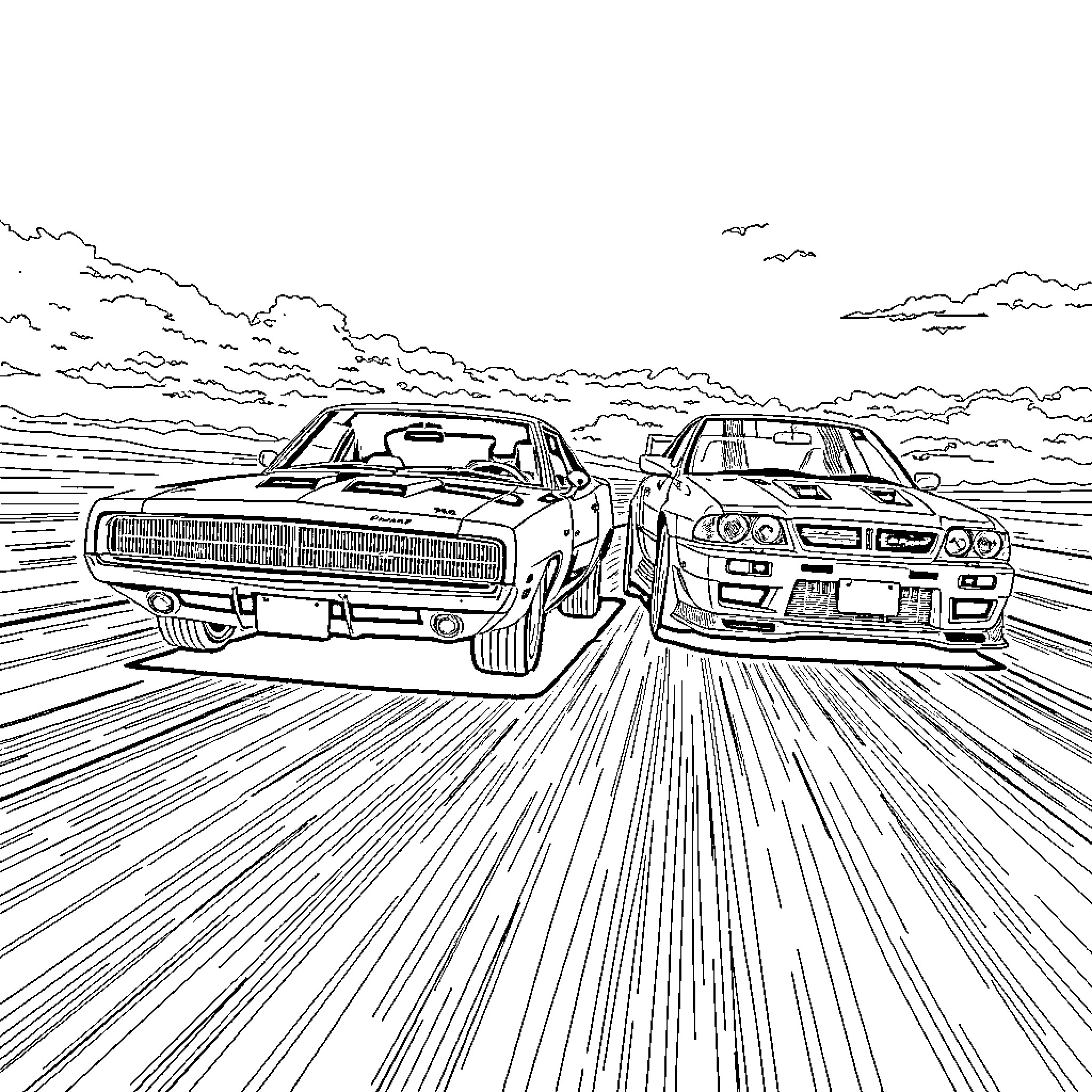 Car racing on the highway with speed and motion Coloring Page (free black-and-white line drawing printable PDF for all, from beginners to advanced learners, including children, teens, adults, and seniors)