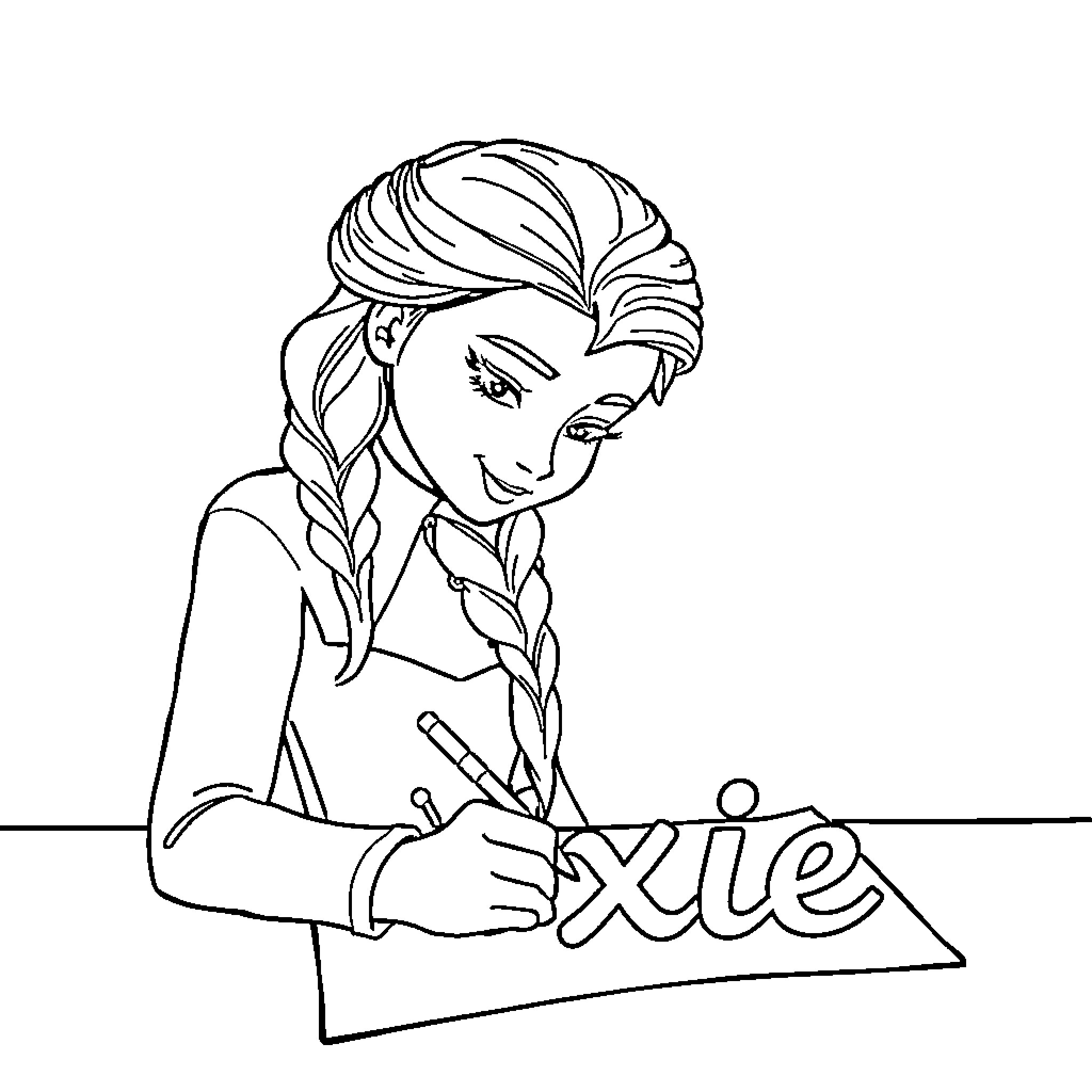 Elsa concentrates while writing Coloring Page (free black-and-white line drawing printable PDF for all, from beginners to advanced learners, including children, teens, adults, and seniors)