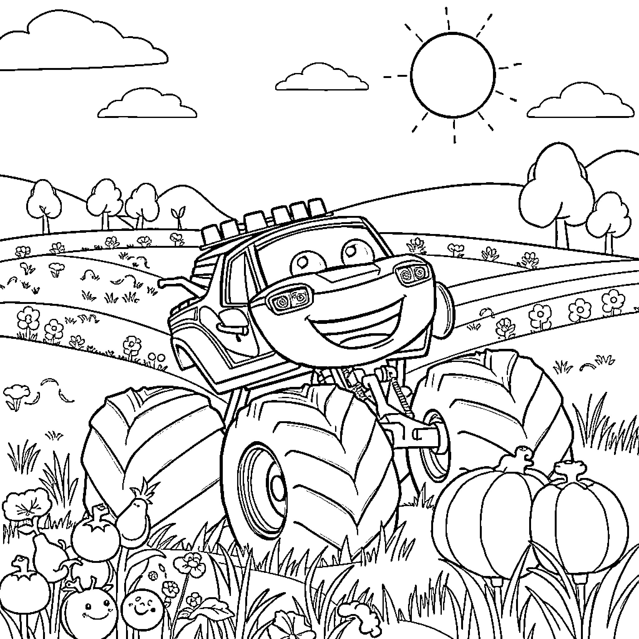 Blaze's Adventurous Journey Through the Countryside Coloring Page (free black-and-white line drawing printable PDF for all, from beginners to advanced learners, including children, teens, adults, and seniors)