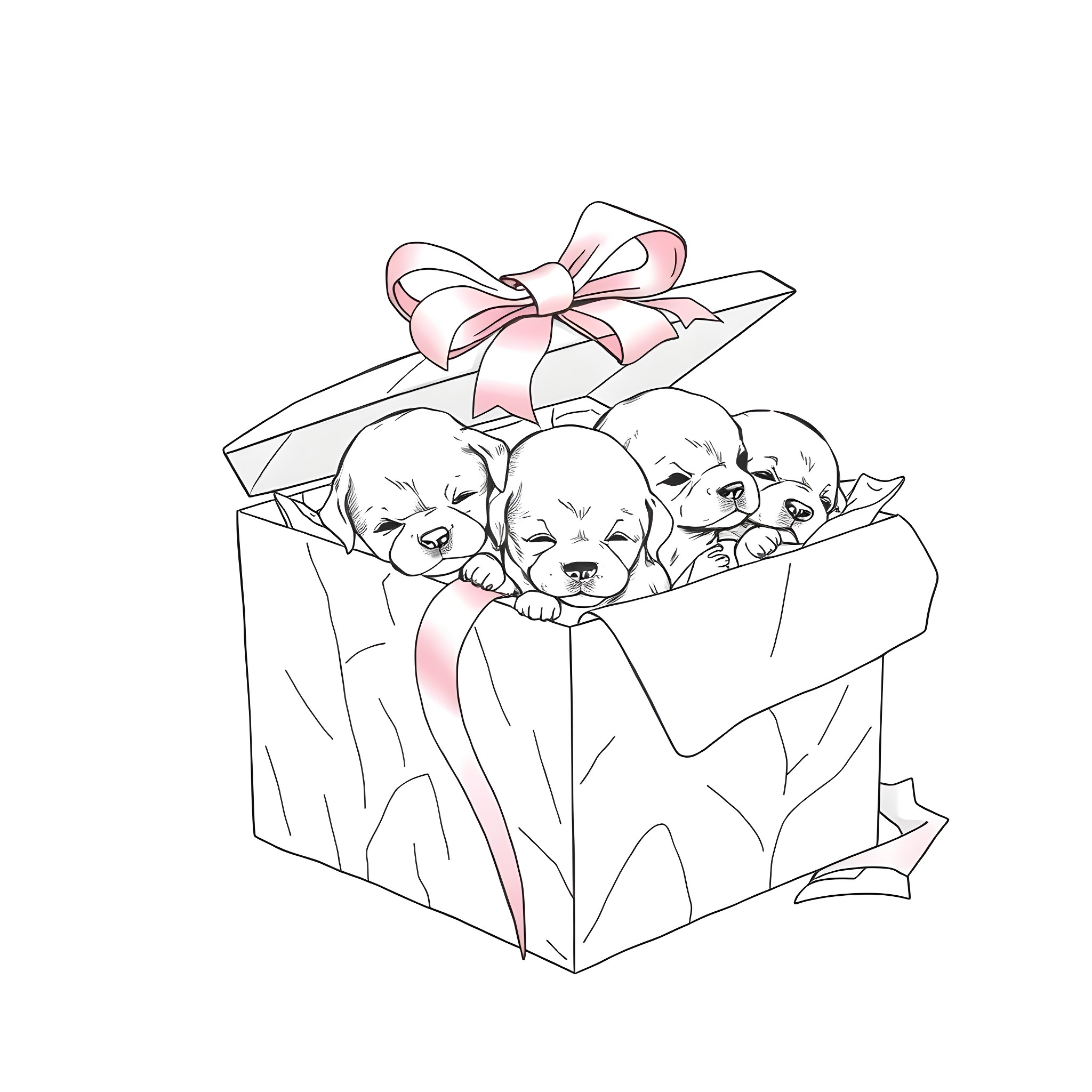 Dog puppies in a gift box Coloring Page (free black-and-white line drawing printable PDF for all, from beginners to advanced learners, including children, teens, adults, and seniors)