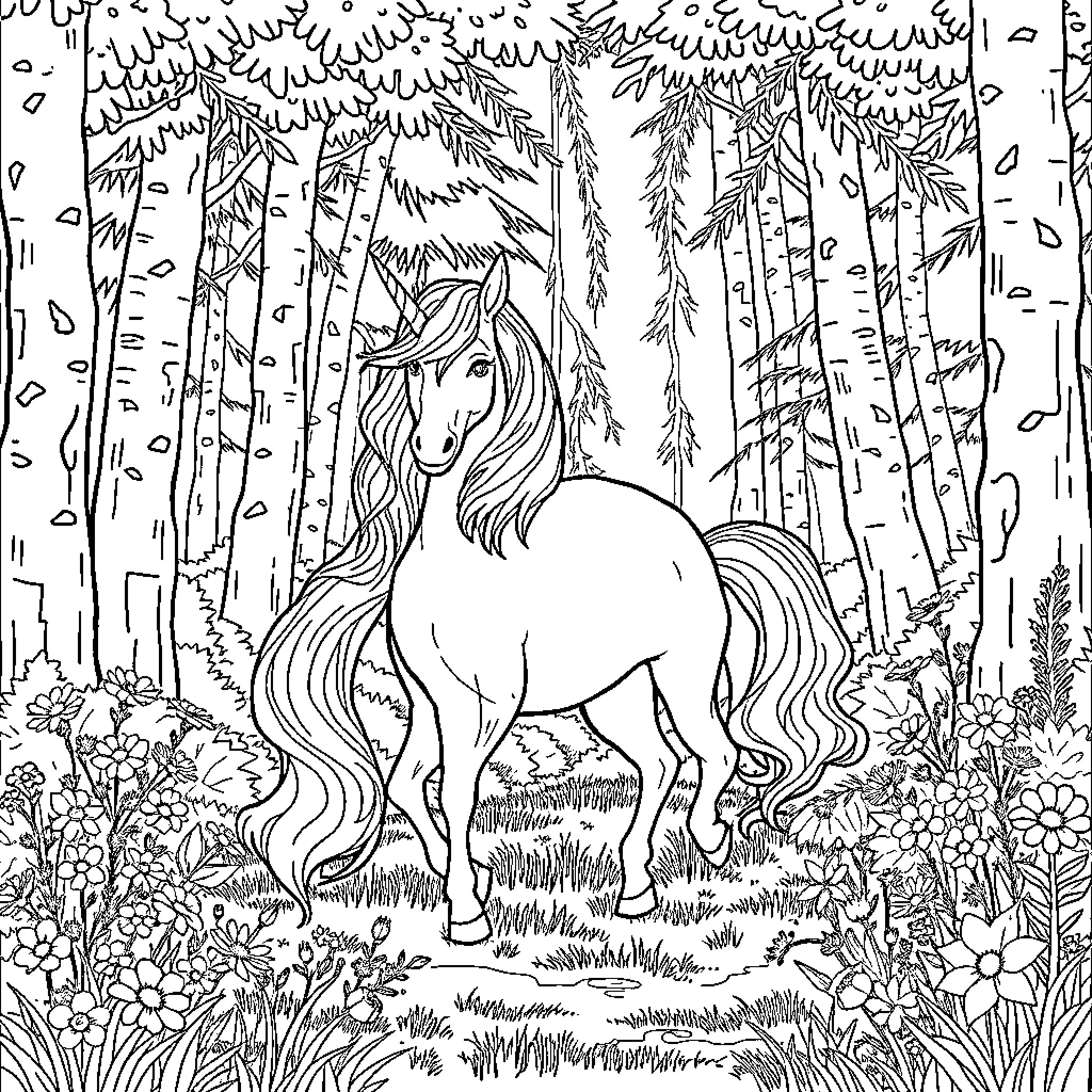 Unicorn wandering in a magical forest Coloring Page (free black-and-white line drawing printable PDF for all, from beginners to advanced learners, including children, teens, adults, and seniors)