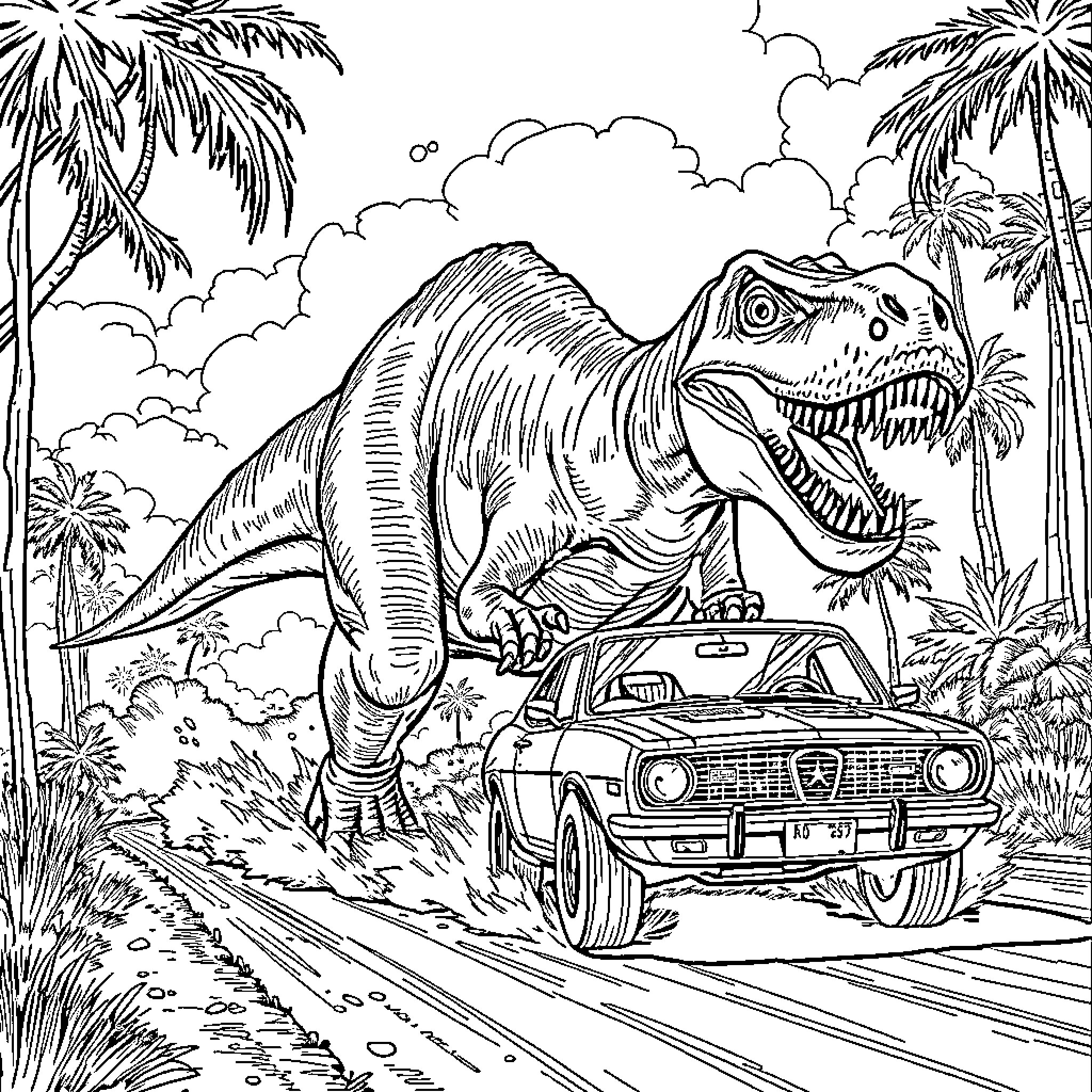 Tyrannosaurus Rex attacks a vintage car in the jungle Coloring Page (free black-and-white line drawing printable PDF for all, from beginners to advanced learners, including children, teens, adults, and seniors)