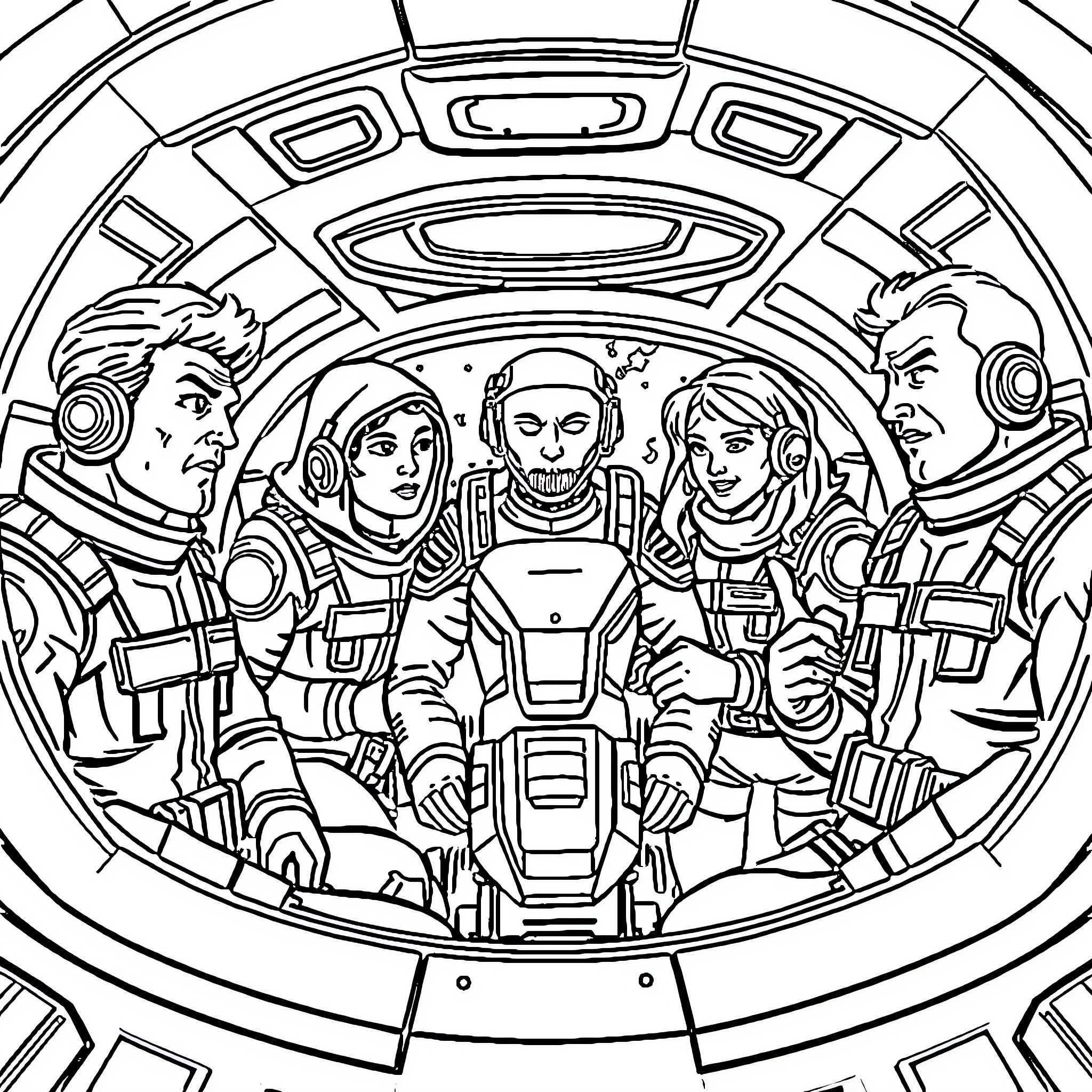 Among Us: Astronauts in Spaceship Interior Coloring Page (free black-and-white line drawing printable PDF for all, from beginners to advanced learners, including children, teens, adults, and seniors)