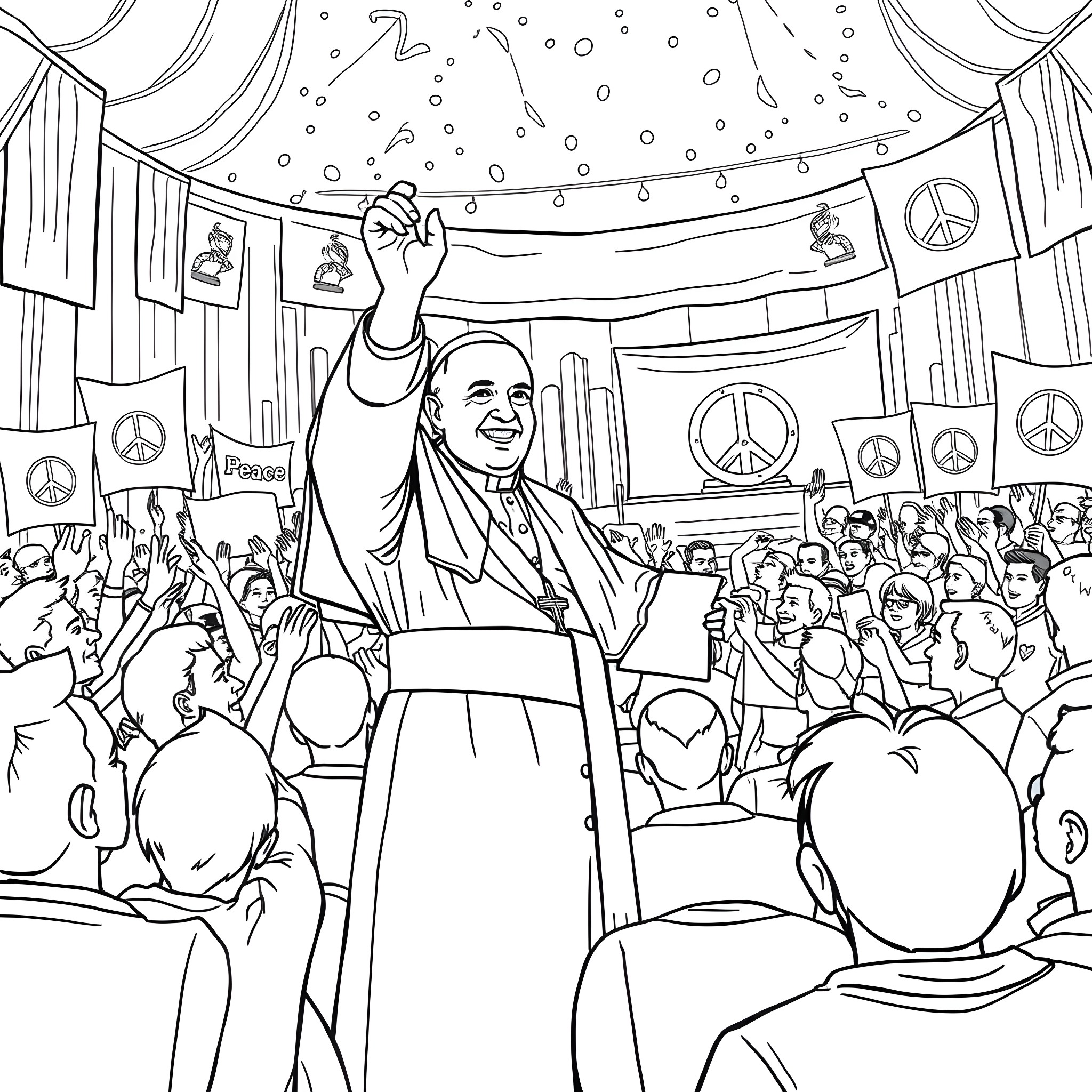 Pope Francis Addressing a Cheering Crowd at a Rally Coloring Page (free black-and-white line drawing printable PDF for all, from beginners to advanced learners, including children, teens, adults, and seniors)