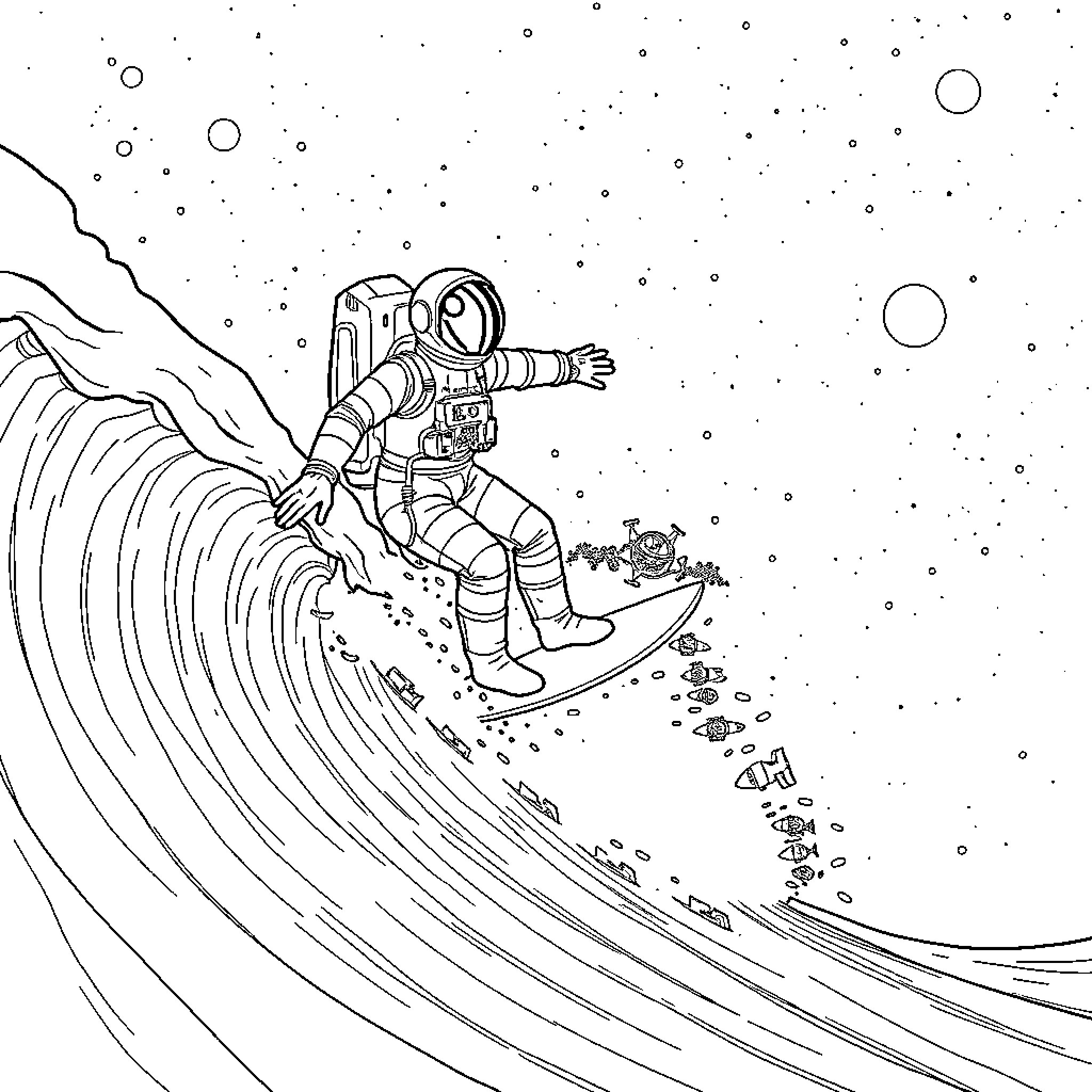 Astronaut surfing on a cosmic wave Coloring Page (free black-and-white line drawing printable PDF for all, from beginners to advanced learners, including children, teens, adults, and seniors)