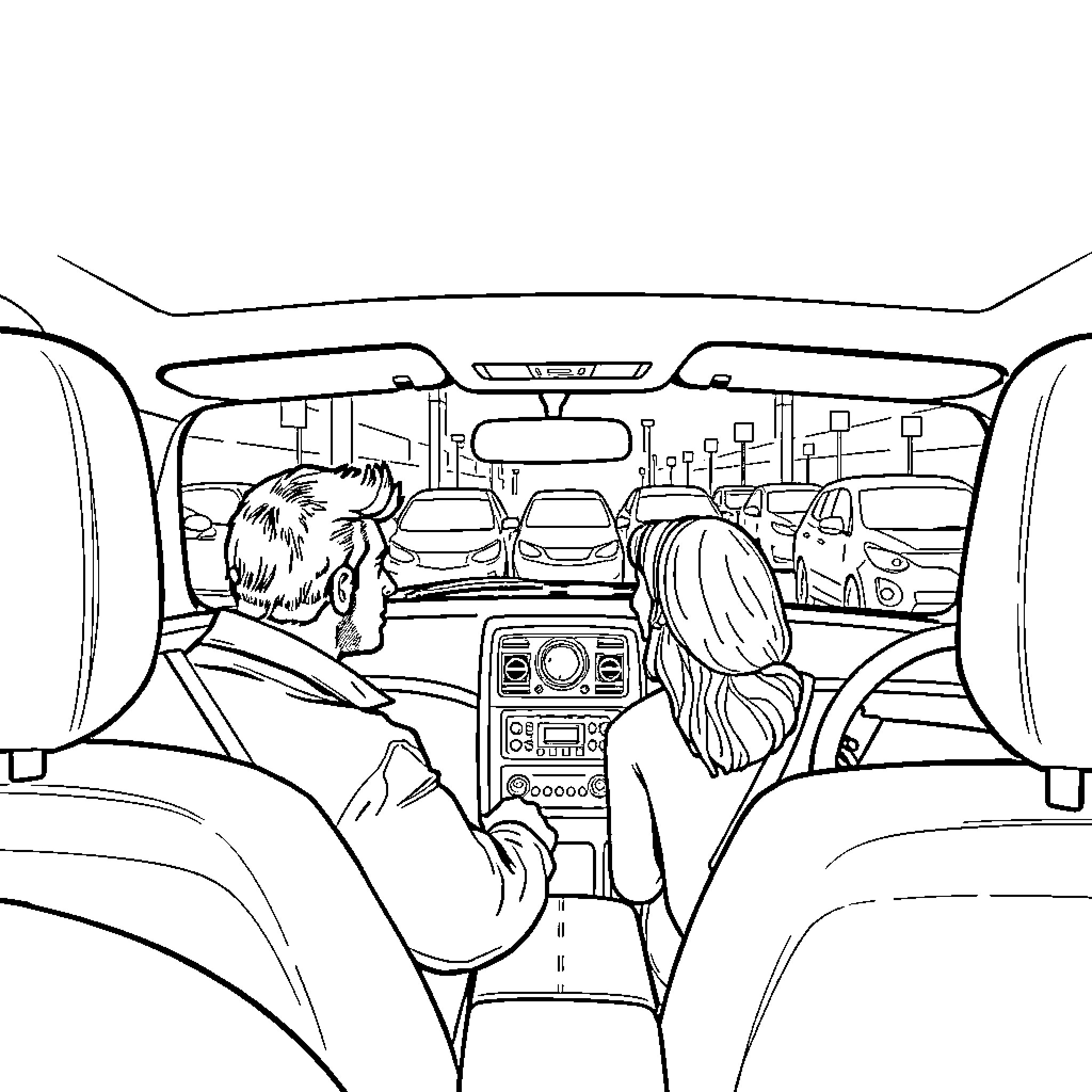 Car interior with people driving Coloring Page (free black-and-white line drawing printable PDF for all, from beginners to advanced learners, including children, teens, adults, and seniors)