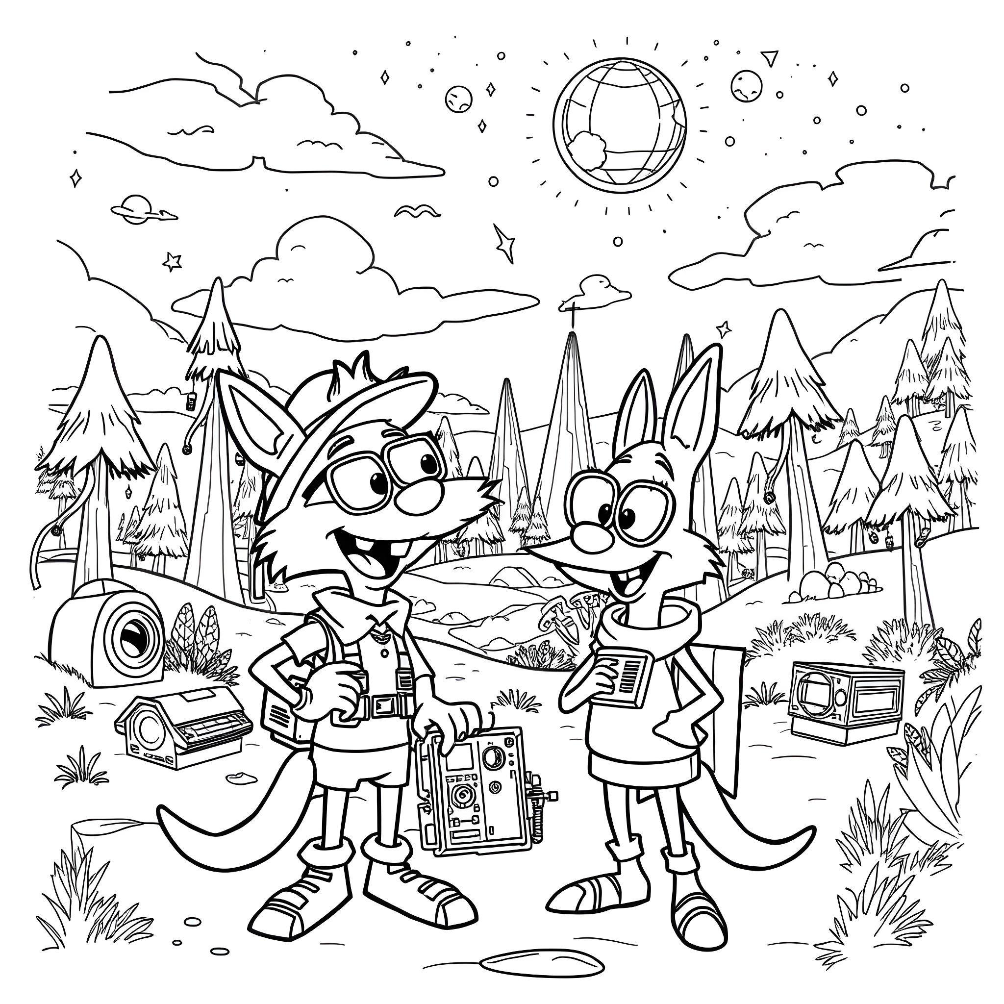 Show Cartoon Characters Exploring the Outdoors Coloring Page (free black-and-white line drawing printable PDF for all, from beginners to advanced learners, including children, teens, adults, and seniors)